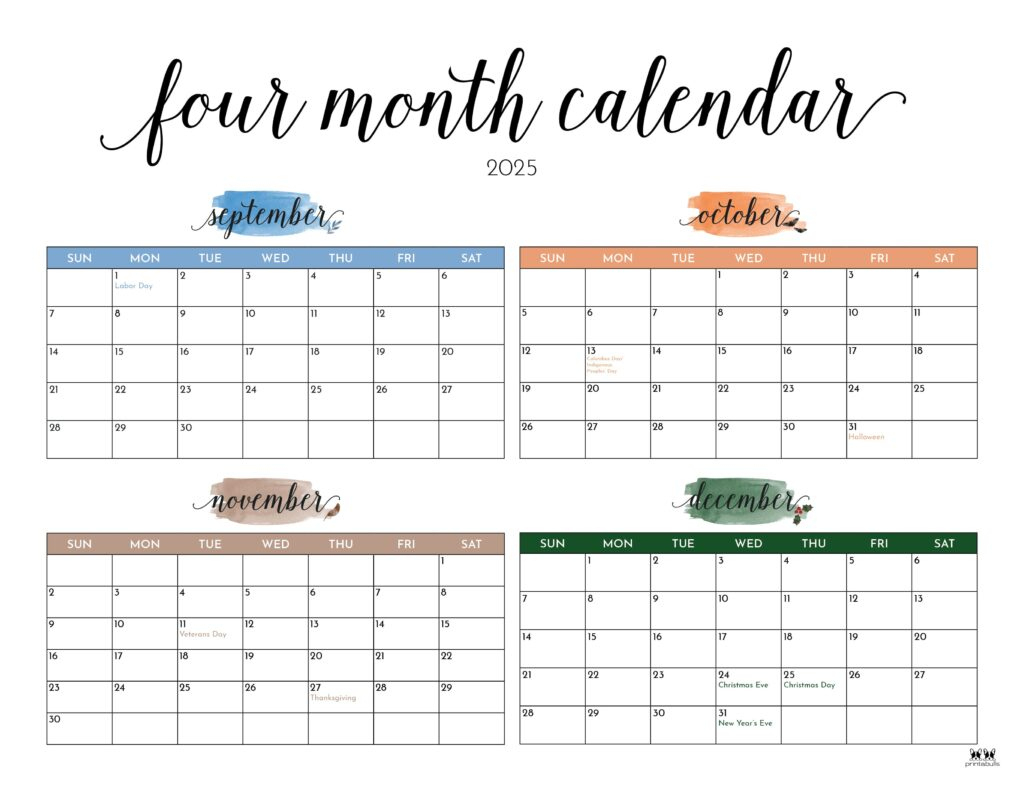 2025 Four Month Calendars - 31 Free Printables | Printabulls regarding Printable Calendar August 2025 To December 2025