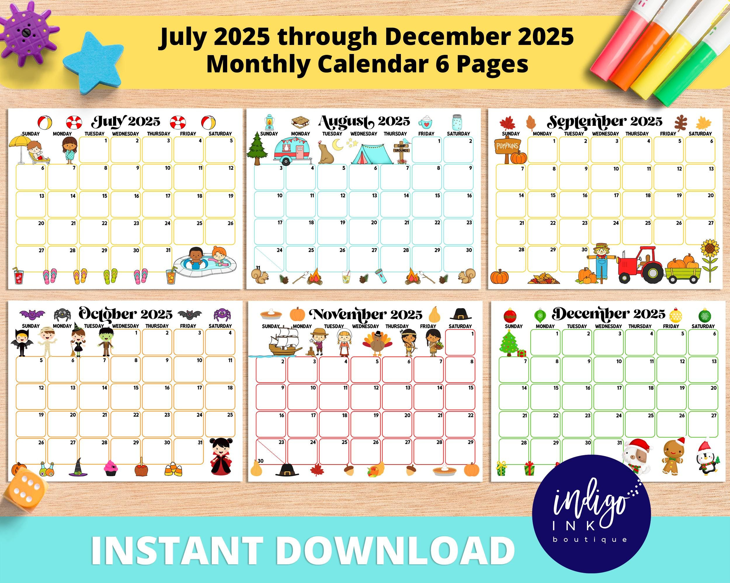 2025 Monthly Calendar Printable Instant Download | July 2025 for July to December 2025 Calendar Printable