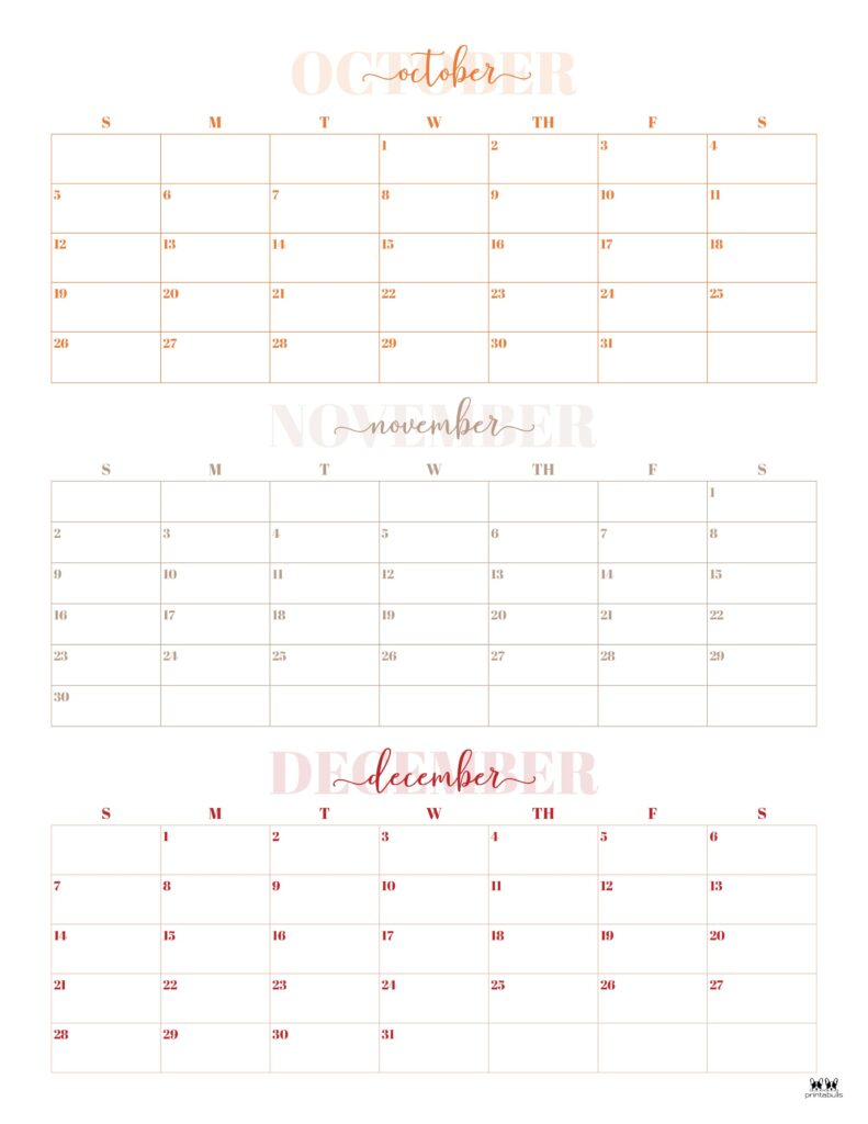2025 Three Month/Quarterly Calendars - 36 Free Cals | Printabulls inside Printable 3 Month Calendar October November December 2025