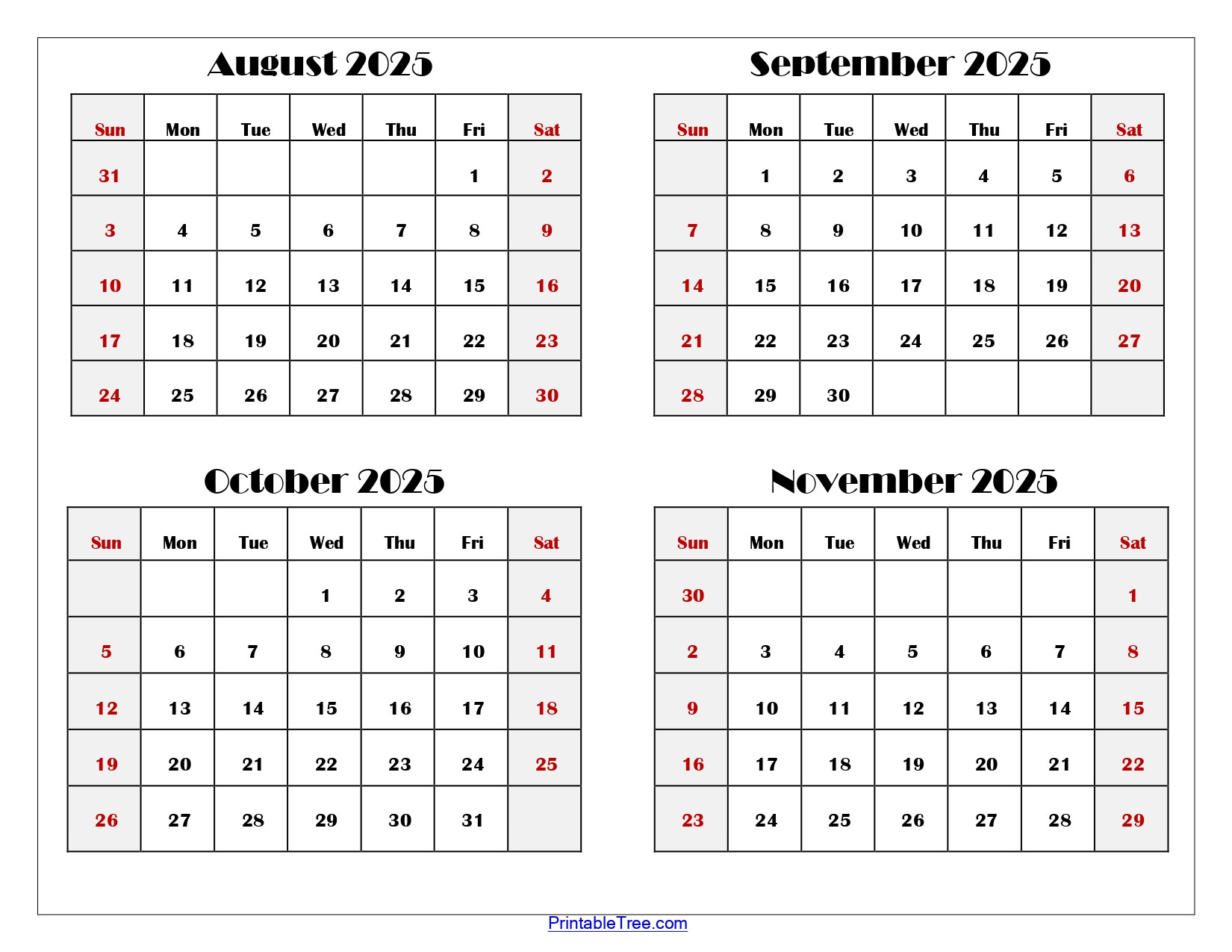 August To November 2025 Calendar Printable Pdf | Four Months Calendar throughout Printable Calendar August to December 2025