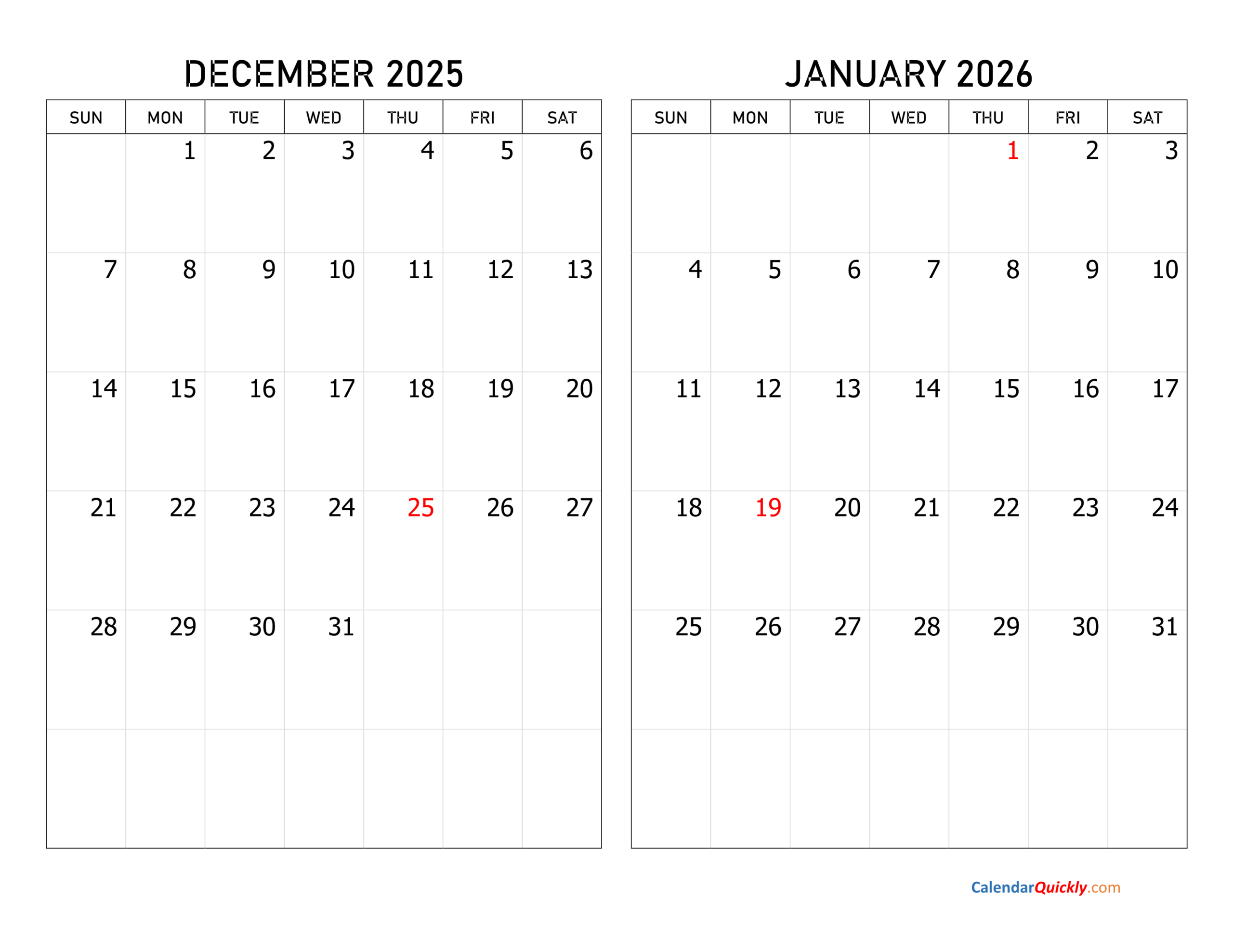 December 2025 And January 2026 Calendar | Calendar Quickly with regard to Printable Calendar For December 2025 And January 2026