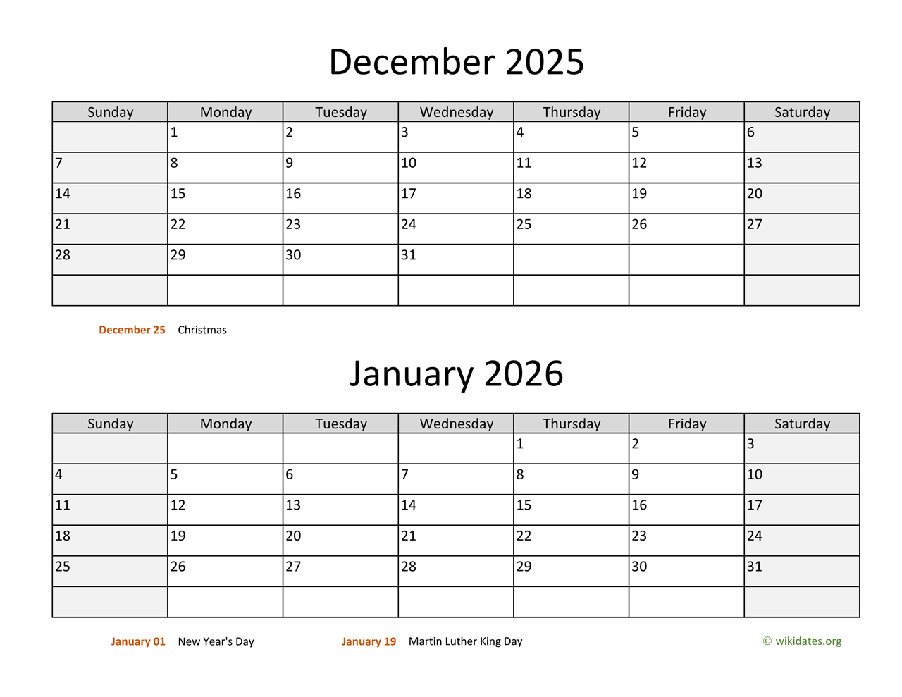 December 2025 And January 2026 Calendar | Wikidates for December 2025 January 2026 Calendar Printable