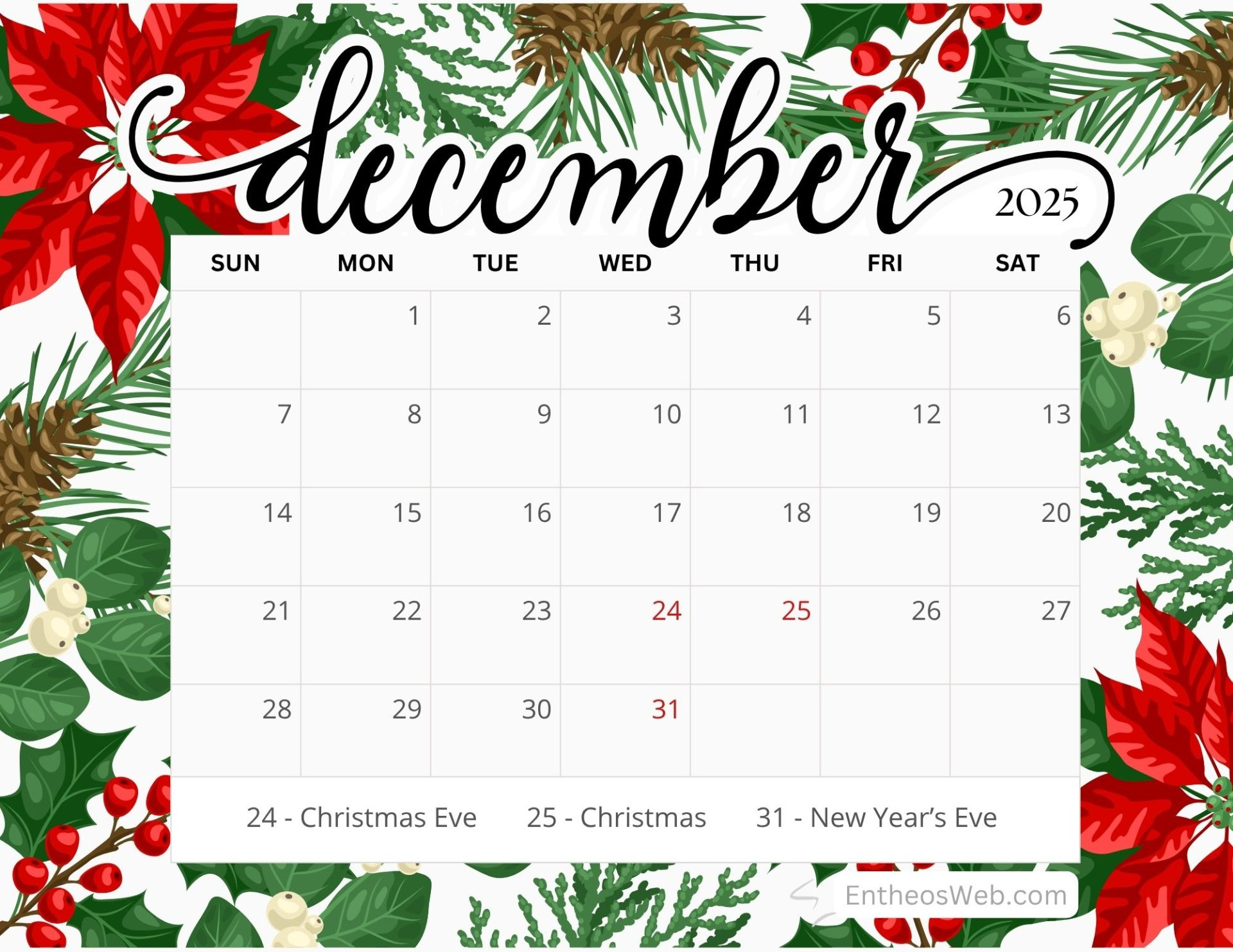 December 2025 Calendar Free Pdf Printables | Entheosweb regarding December 2025 Calendar Printable