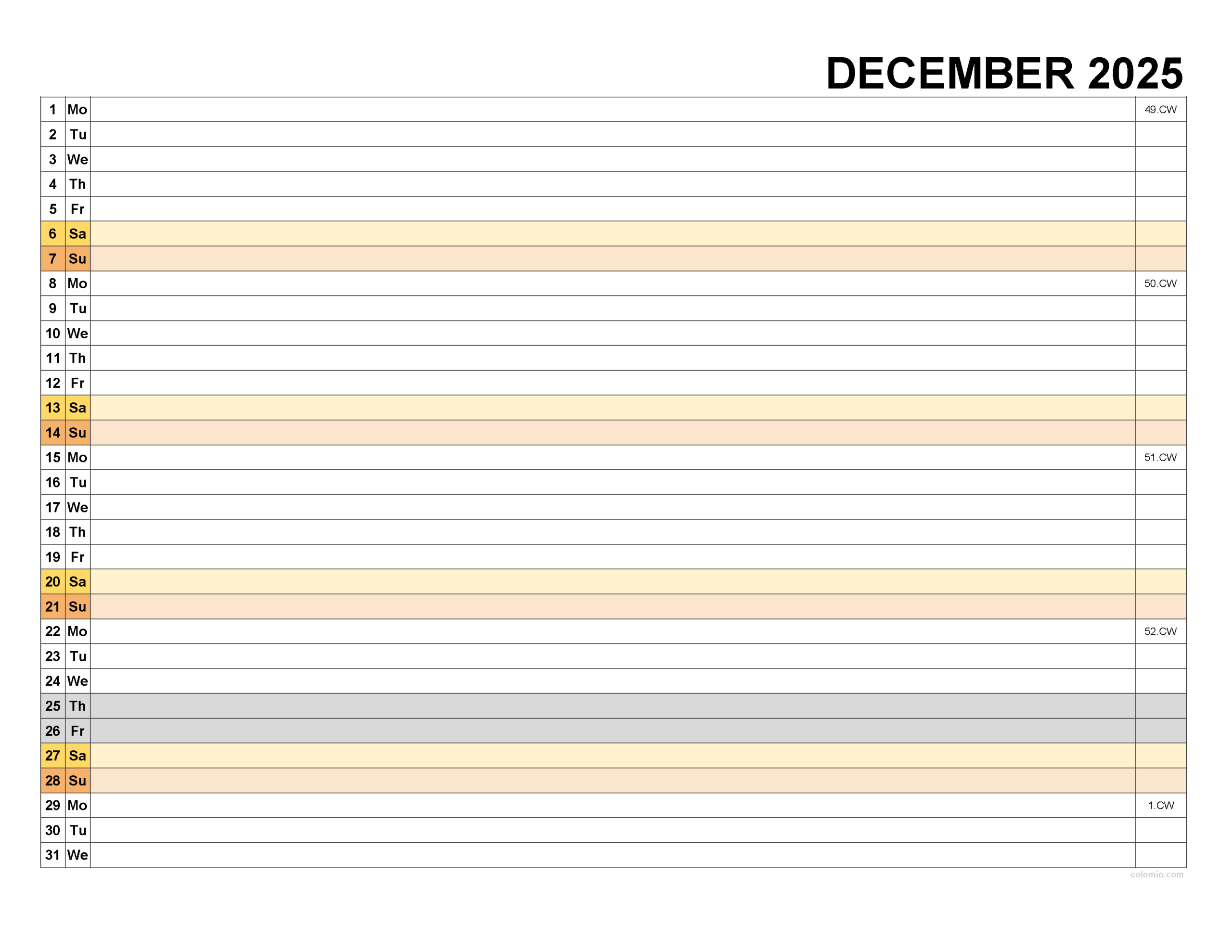 December 2025 Calendar - Free Printable Pdf, Xls And Png | Www regarding December 2025 Calendar With Lines Printable