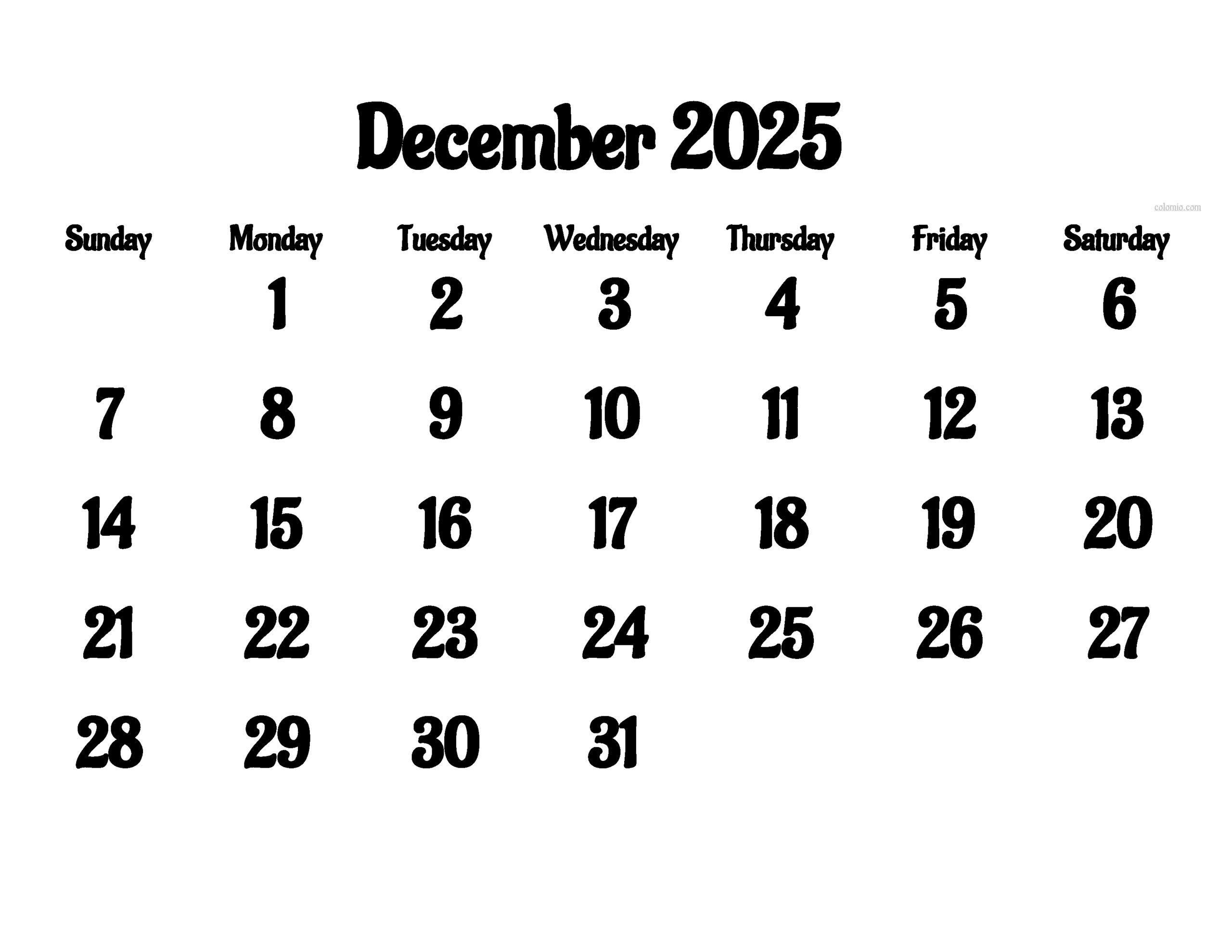 December 2025 Calendar - Free Printable Pdf, Xls And Png | Www with regard to Free Printable December 2025 Calendar Numbers