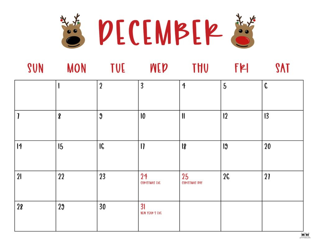 December 2025 Calendars - 107 Free Printables | Printabulls in December 2025 Christmas Calendar Printable