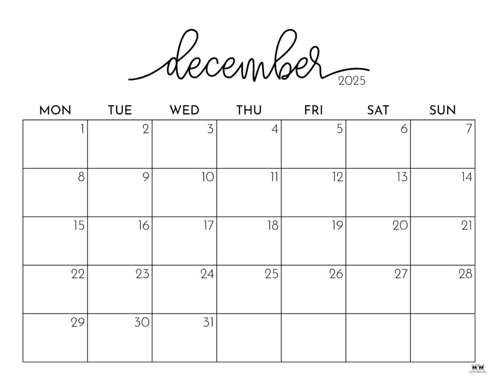 December 2025 Calendars - 107 Free Printables | Printabulls regarding December 2025 Calendar Printable