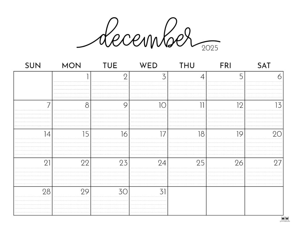 December 2025 Calendars - 107 Free Printables | Printabulls regarding December 2025 Calendar With Lines Printable