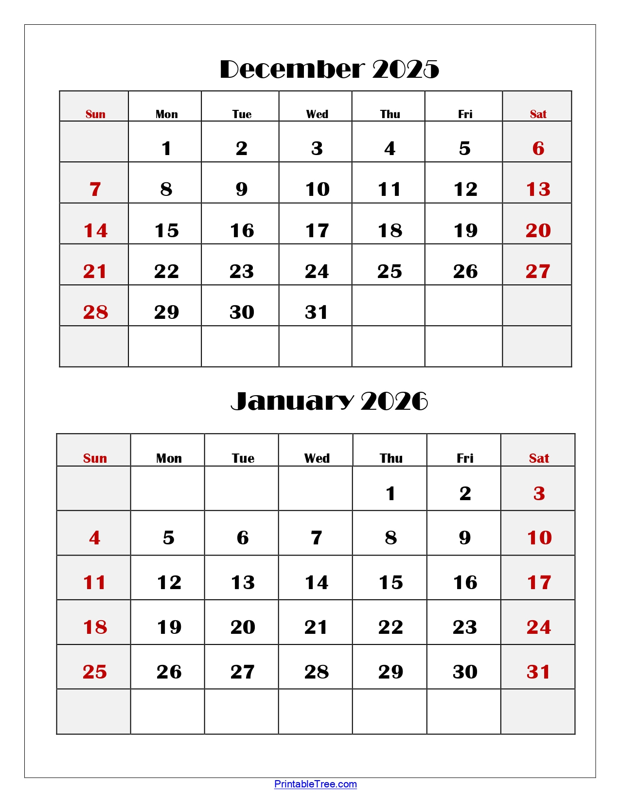 December And January 2026 Calendar Printable Pdf | Two Months Calendar in Printable December 2025 January 2026 Calendar