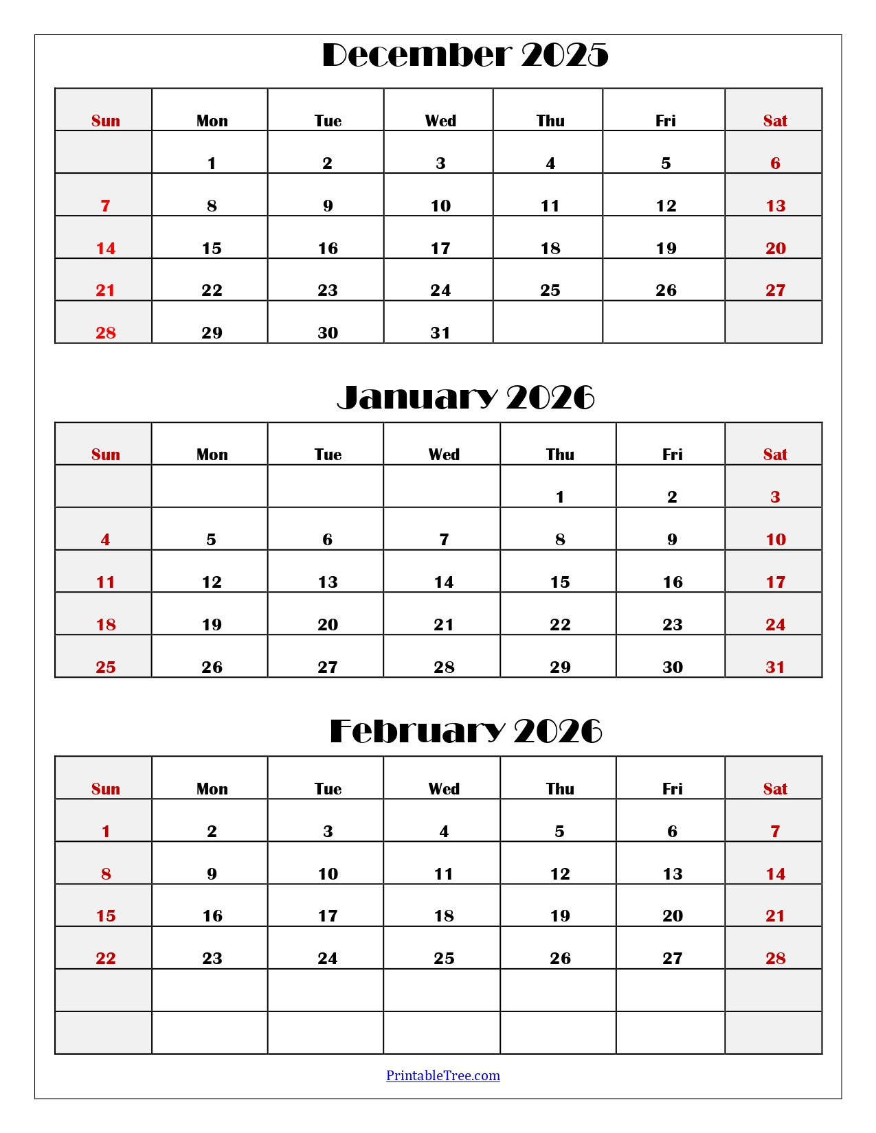 December To February 2026 Calendar Printable Pdf | Three Months within December 2025 January February 2026 Calendar Printable