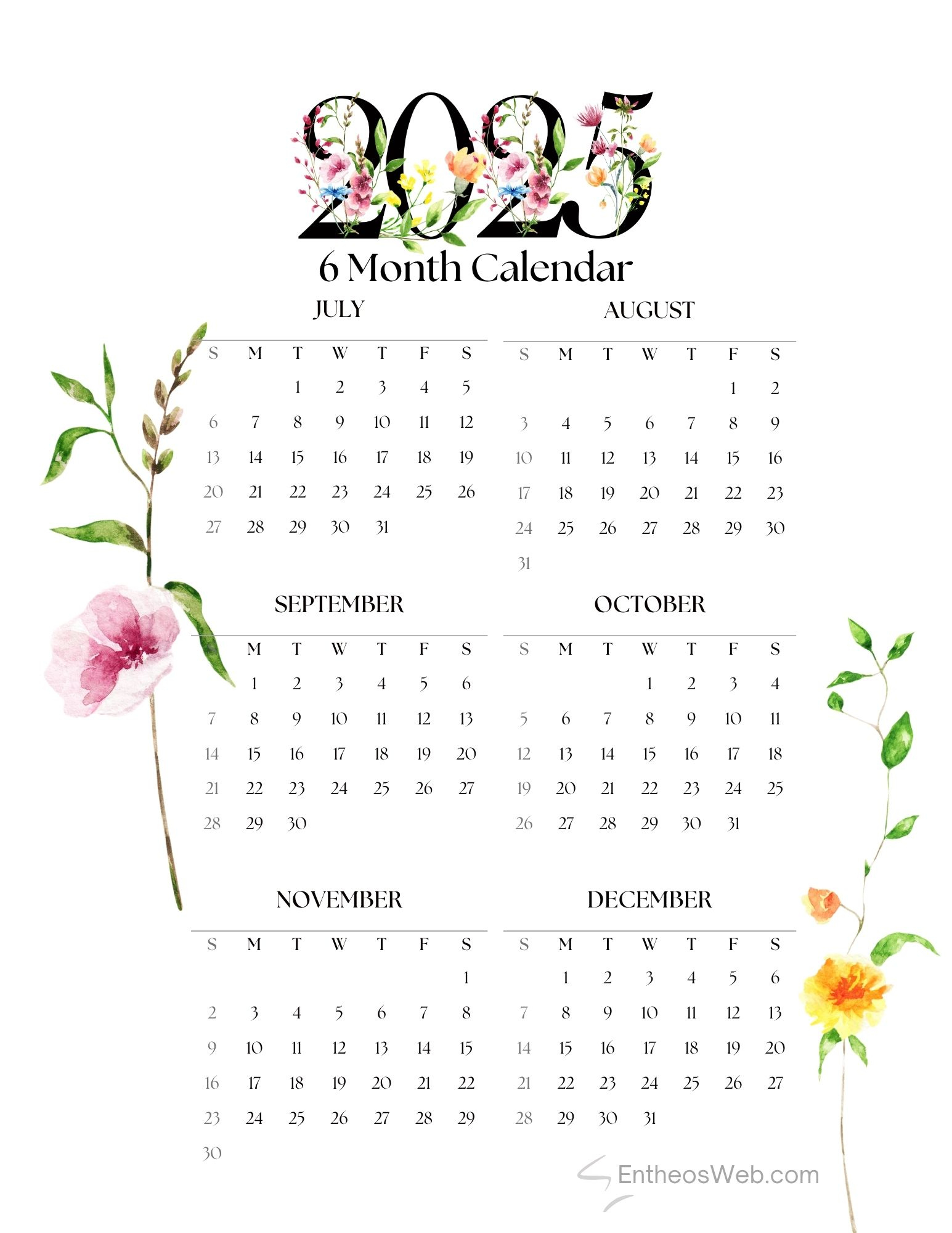 July To December 2025 – 6 Month Calendar Printable | Entheosweb with July to December 2025 Calendar Printable