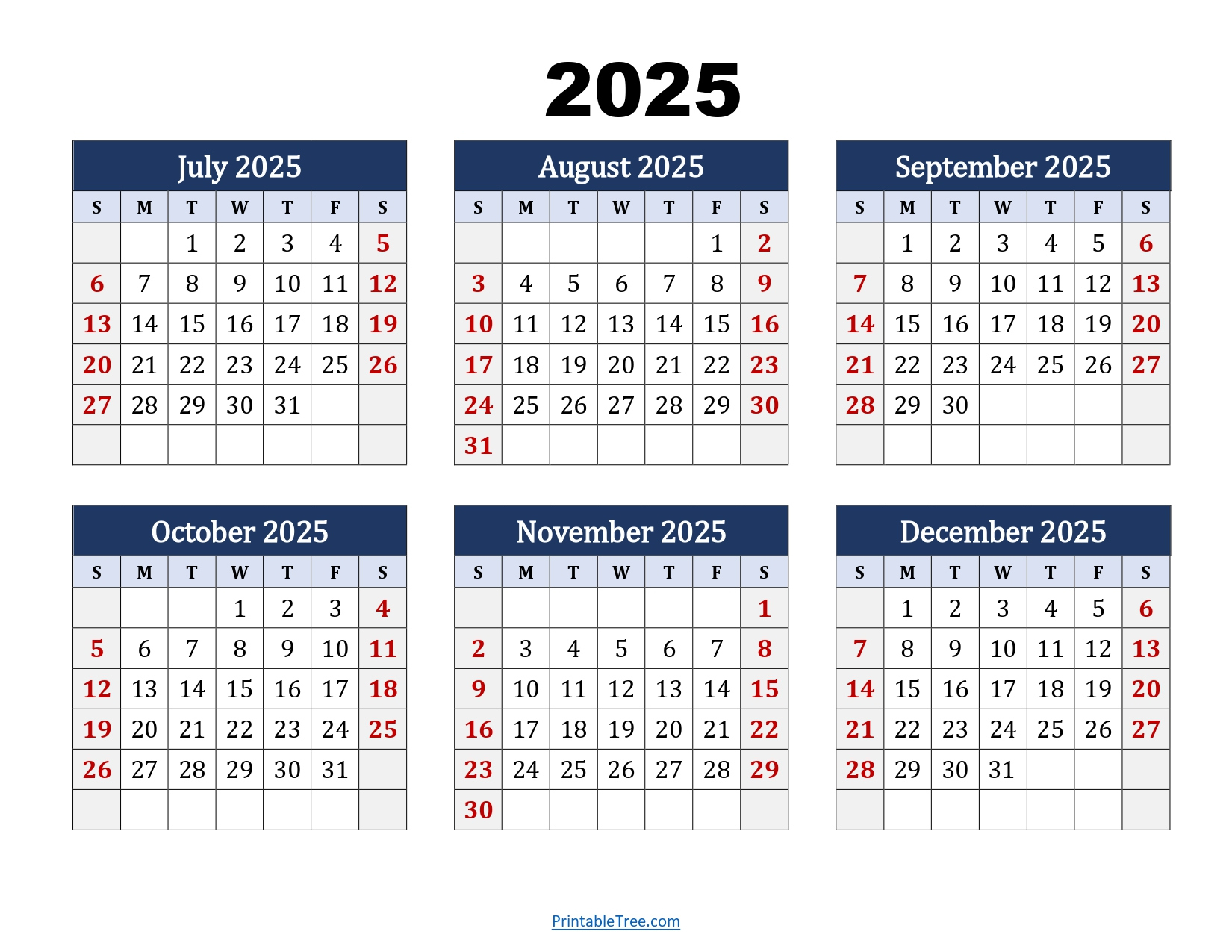 July To December 2025 Calendar Printable Pdf | Six Months Calendar for July to December 2025 Calendar Printable