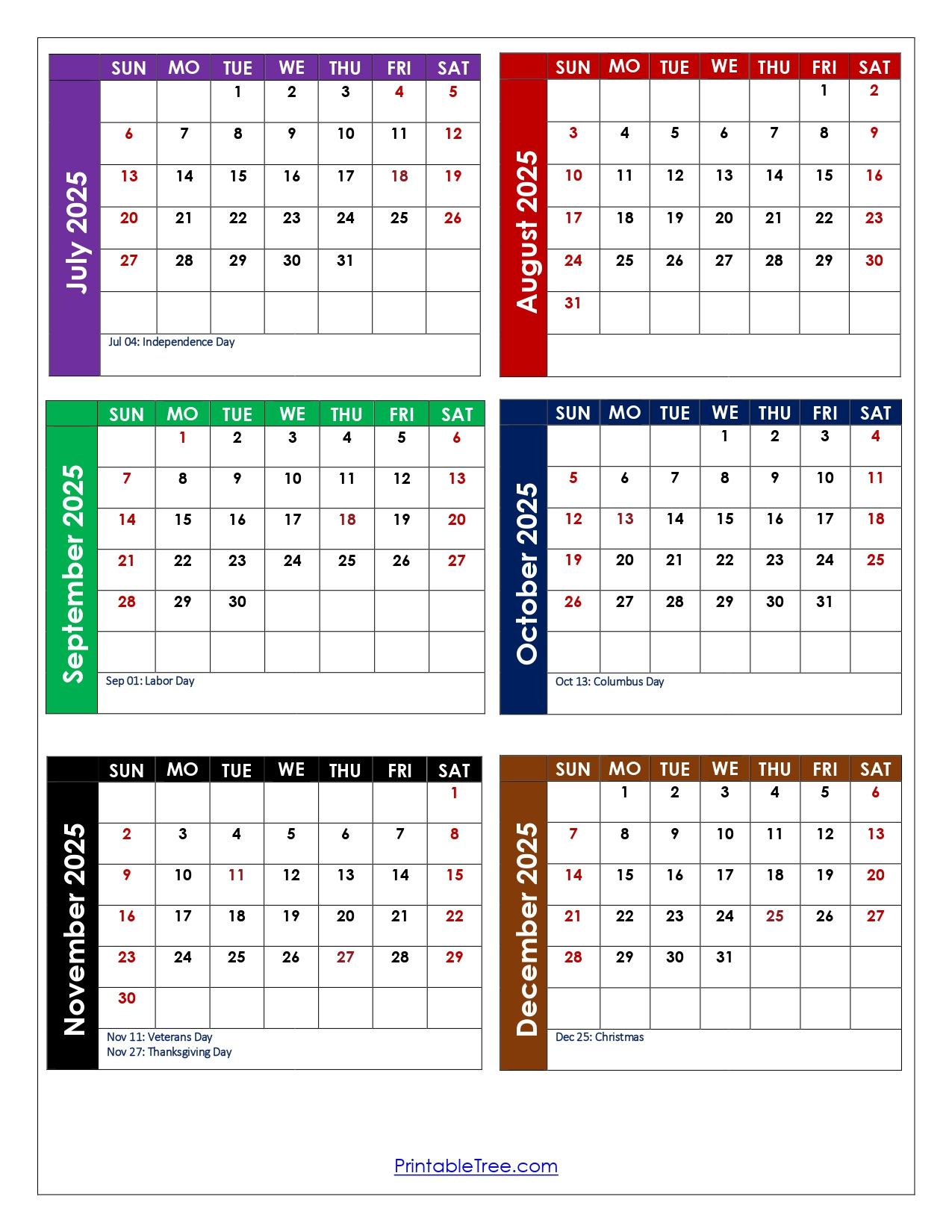 July To December 2025 Calendar Printable Pdf | Six Months Calendar with Printable Calendar August to December 2025