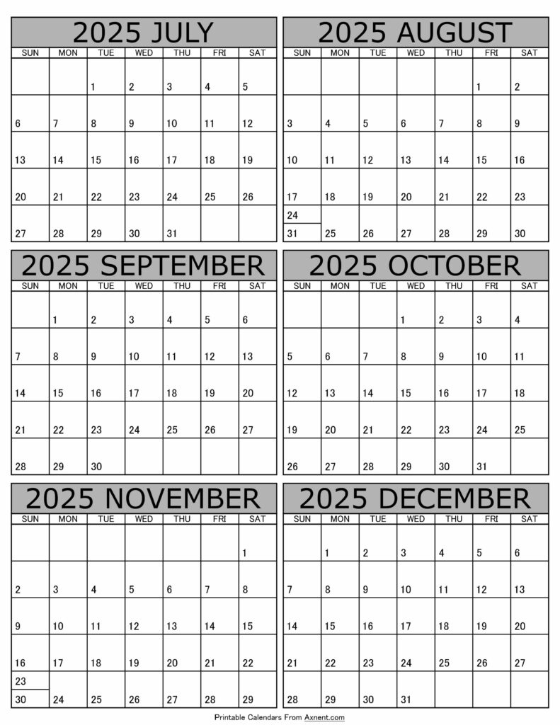 July To December 2025 Calendar Templates - Six Months throughout Printable Calendar July to December 2025