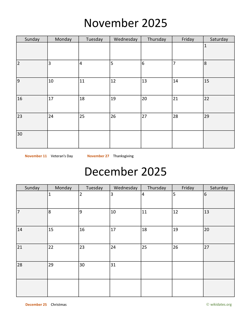 November And December 2025 Calendar | Wikidates pertaining to Printable Calendar For November And December 2025