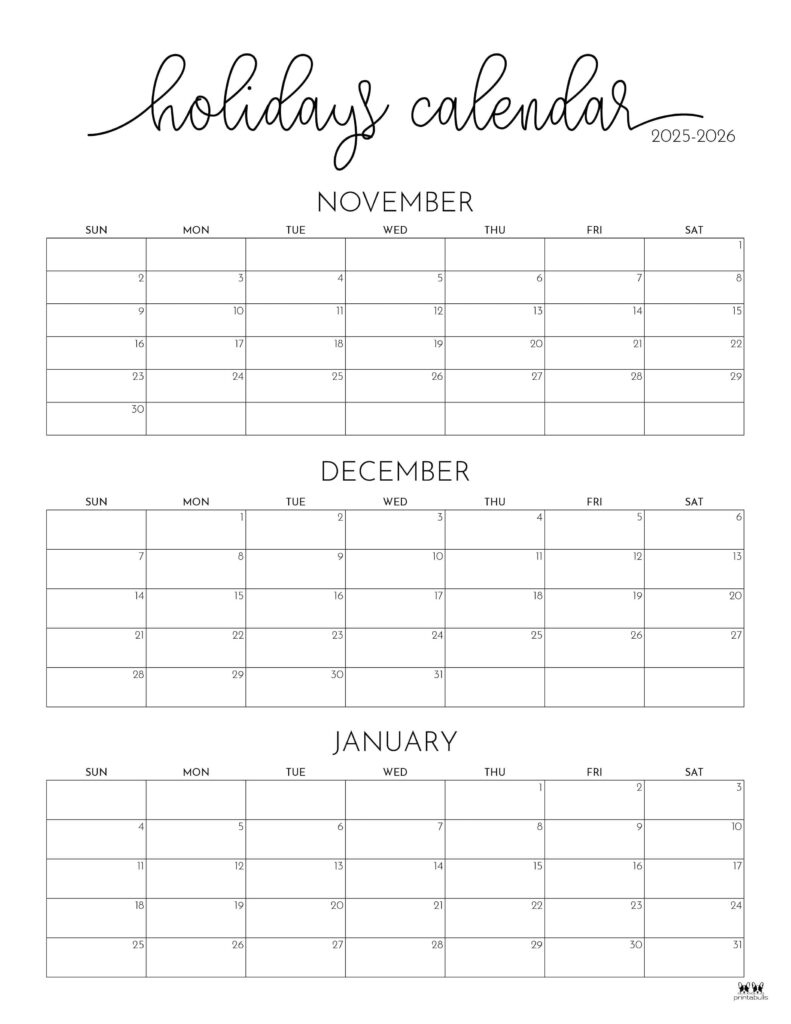 November December 2025 Calendars - 28 Printables | Printabulls intended for Printable Calendar November December 2025 January 2026