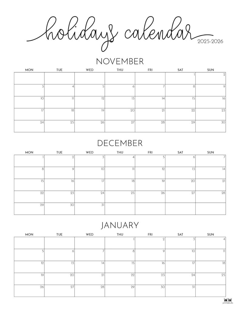 November December 2025 Calendars - 28 Printables | Printabulls pertaining to November December 2025 January 2026 Calendar Printable