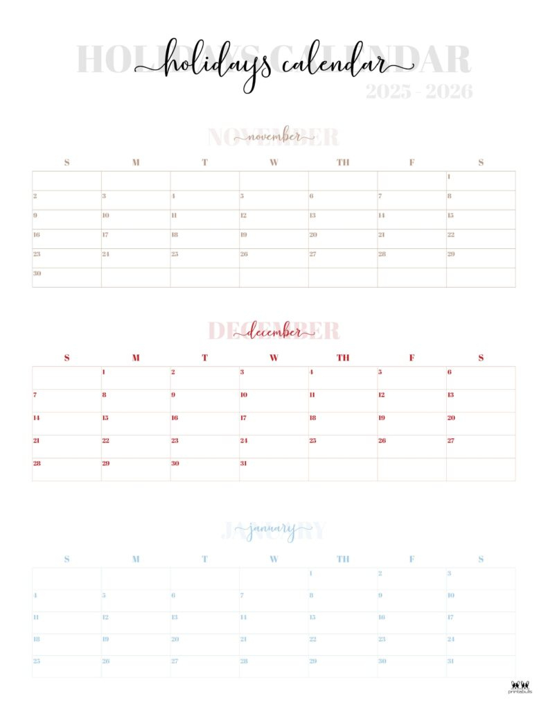November December 2025 Calendars - 28 Printables | Printabulls pertaining to Printable 3 Month Calendar November December 2025 January 2026