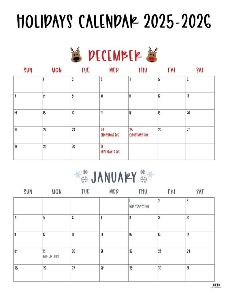 November December 2025 Calendars - 28 Printables | Printabulls with regard to December 2025 January 2026 Calendar With Holidays Printable