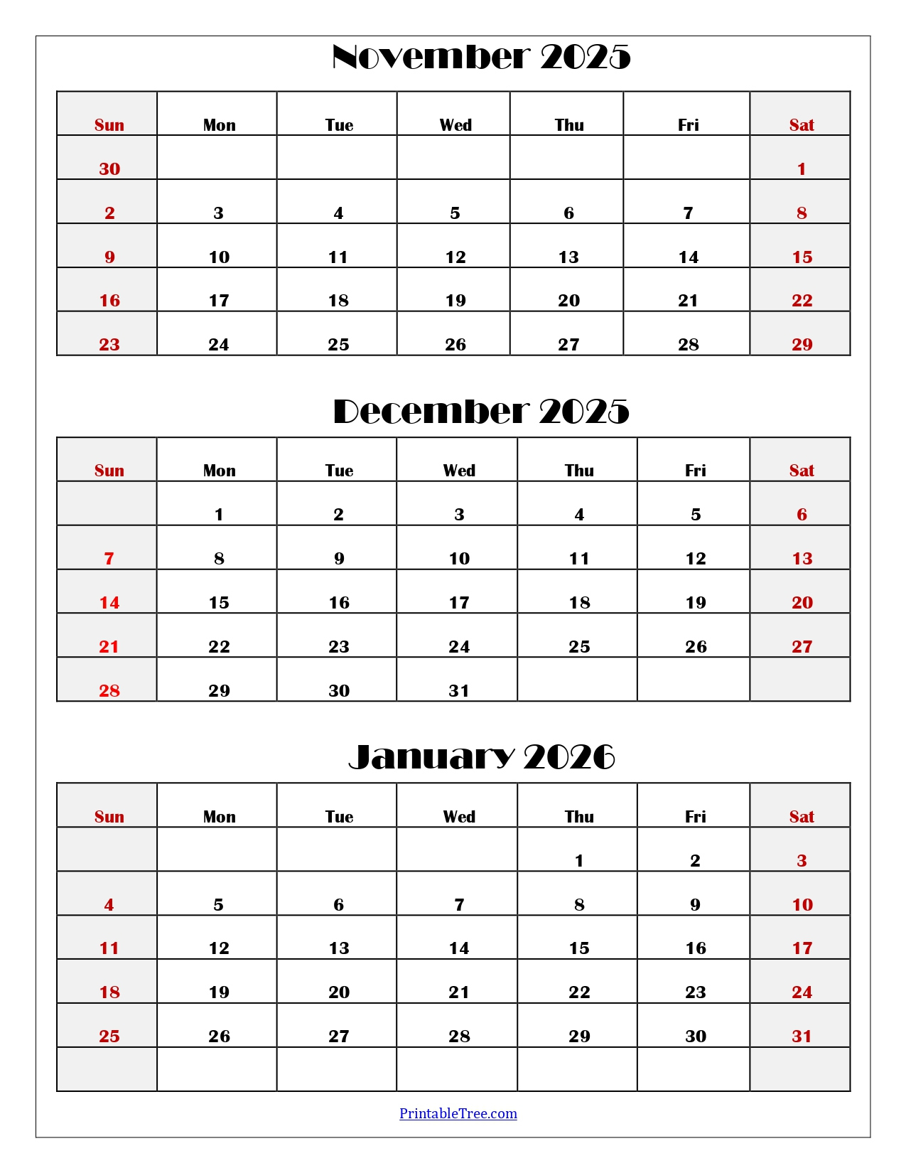 November To January 2026 Calendar Printable Pdf | Three Months with Printable Calendar November December 2025 January 2026