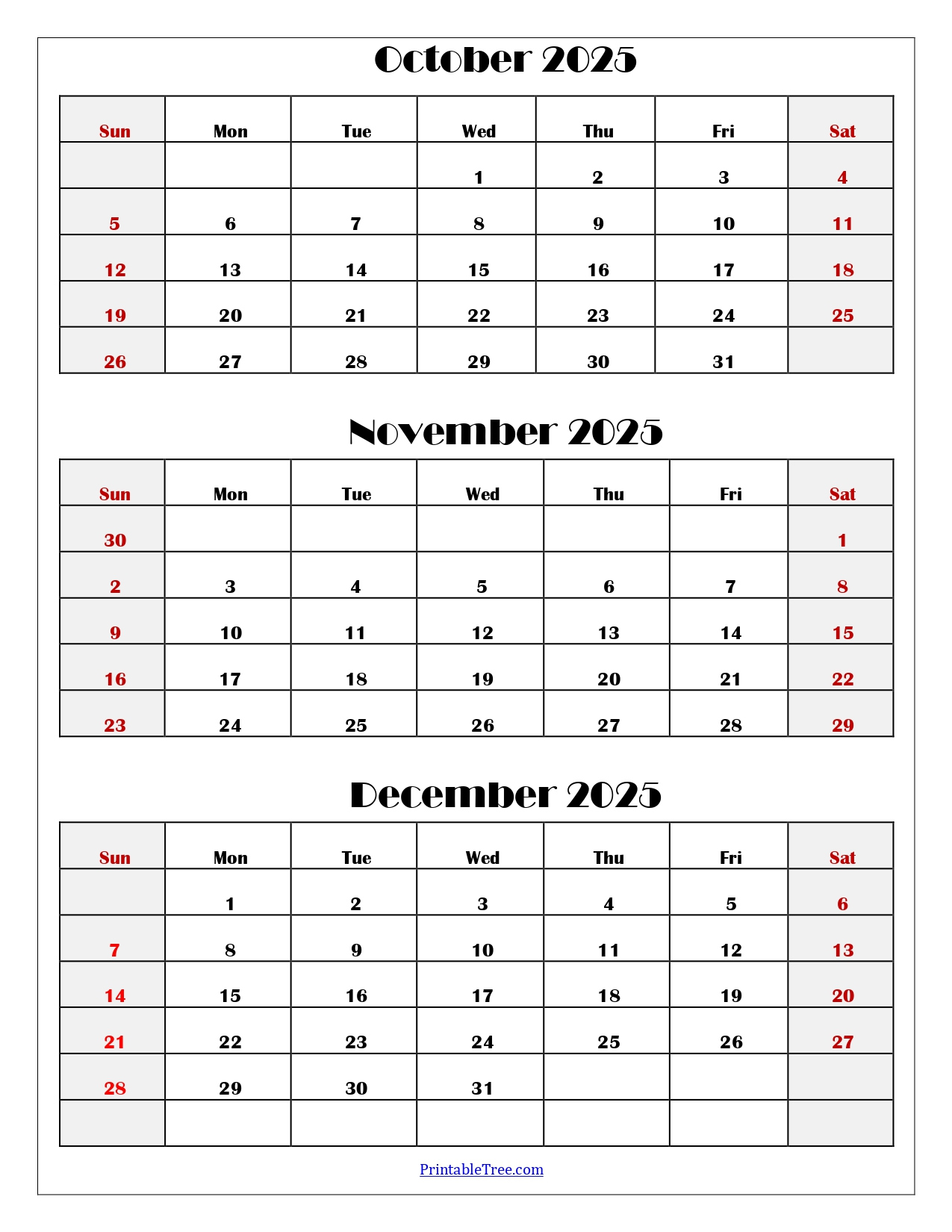 October To December 2025 Calendar Printable Pdf | Three Months in Calendar October November December 2025 Printable