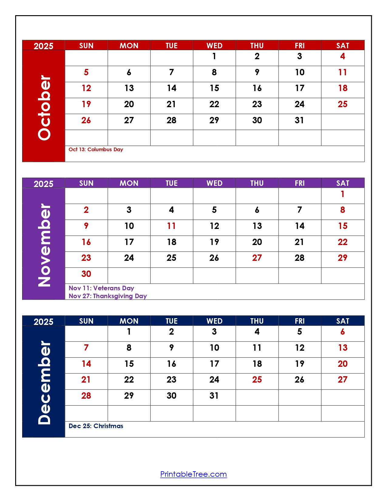 October To December 2025 Calendar Printable Pdf | Three Months inside October November December 2025 Calendar Printable Free