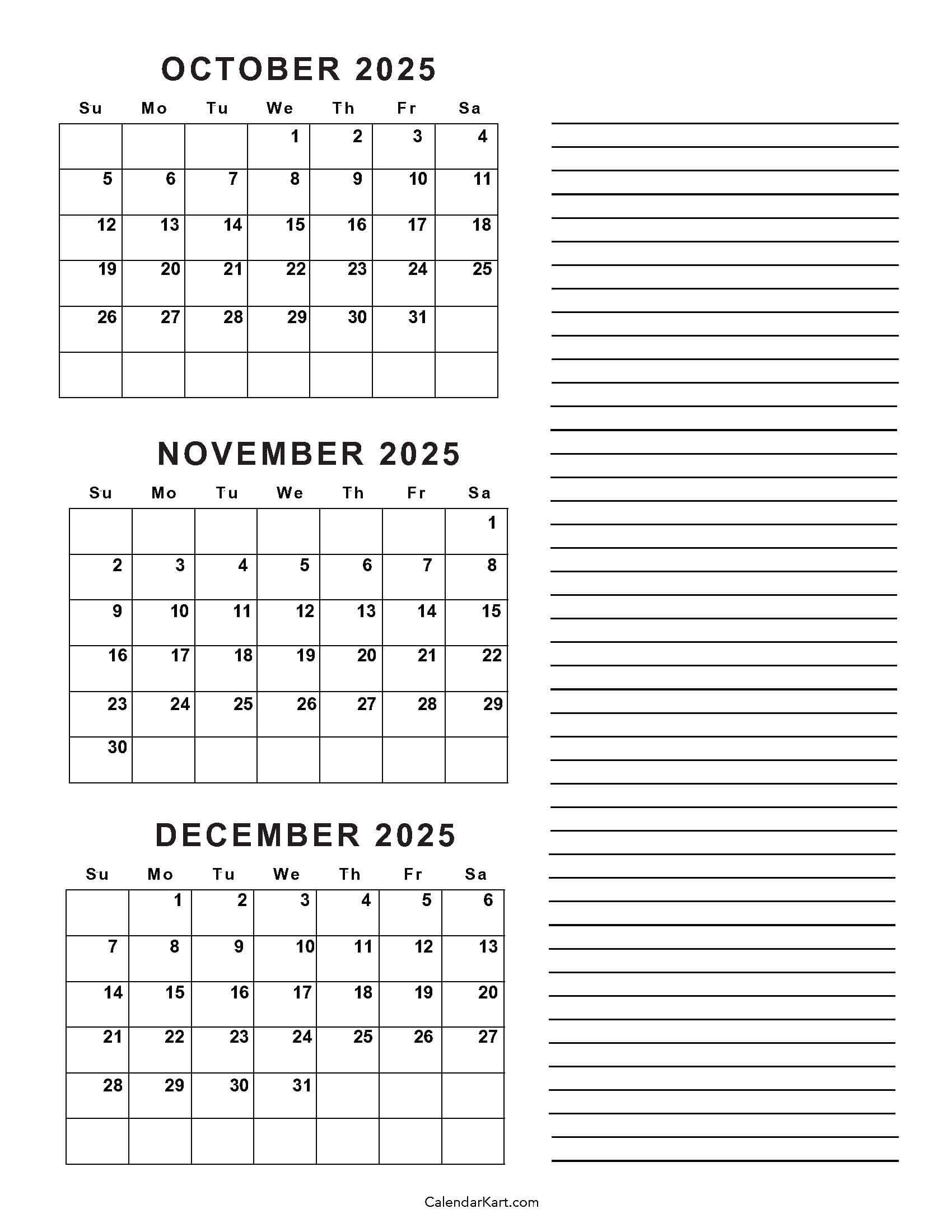 October To December 2025 Calendar (Q4) - Calendarkart for Calendar October November December 2025 Printable