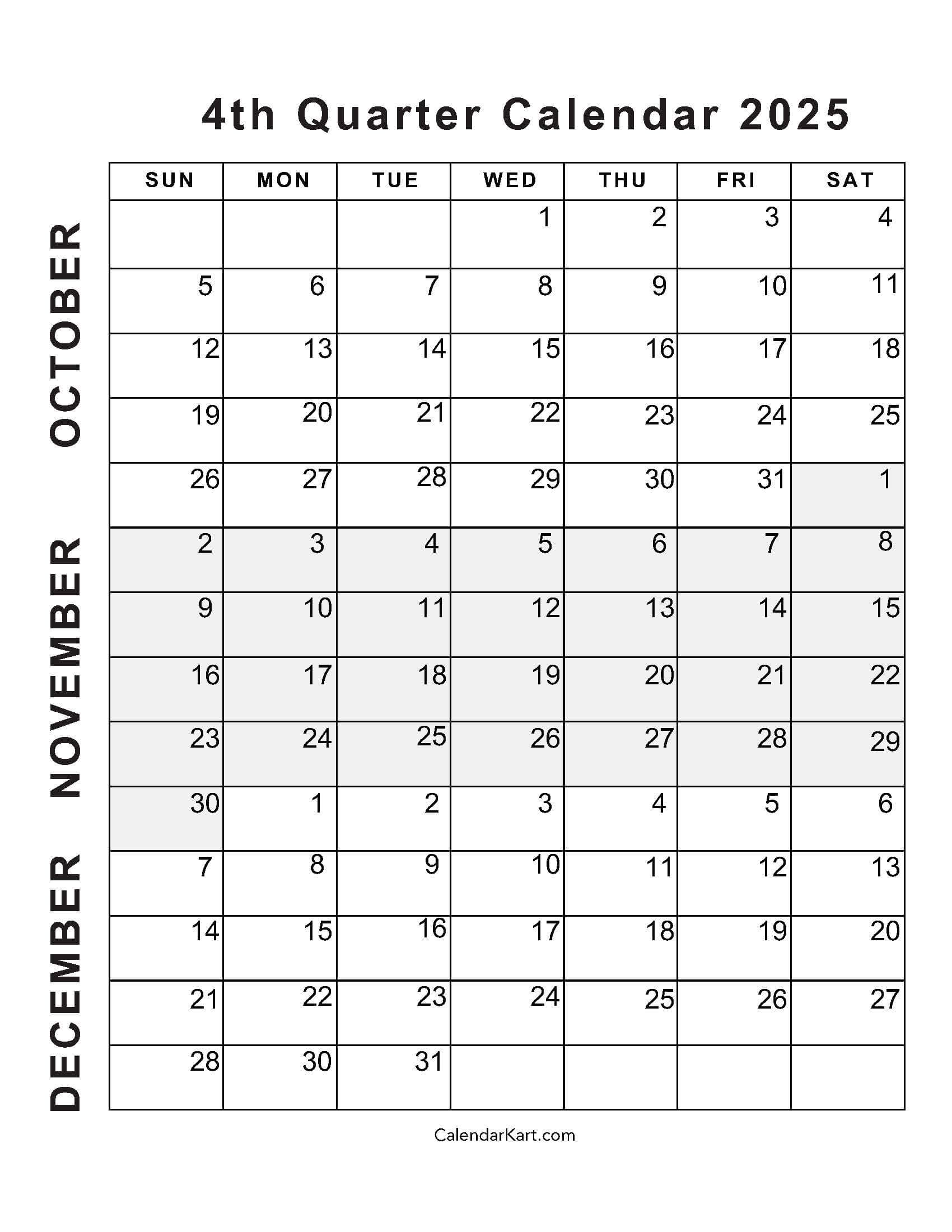 October To December 2025 Calendar (Q4) - Calendarkart with regard to Printable October November December 2025 Calendar