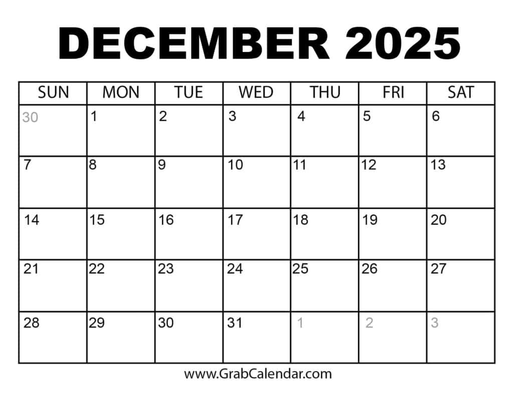 Printable December 2025 Calendar intended for December 2025 Calendar Printable