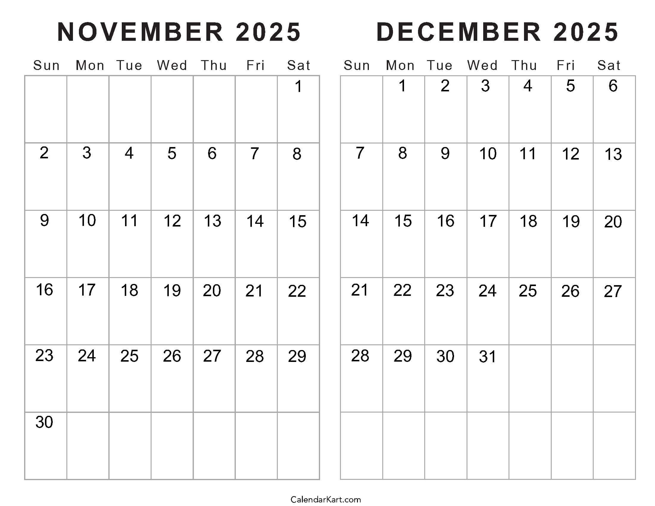 Printable November December 2025 Calendars | Calendarkart throughout October November December 2025 Calendar Printable Free