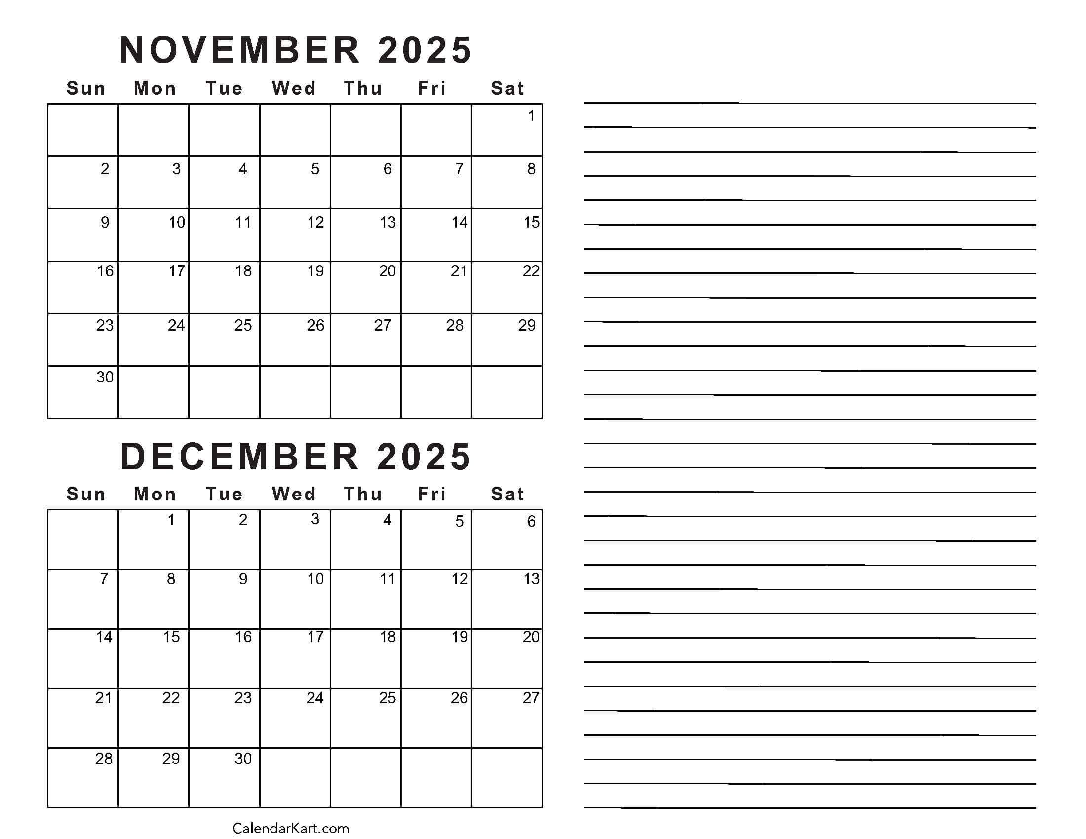 Printable November December 2025 Calendars | Calendarkart with regard to November December 2025 Calendar Printable