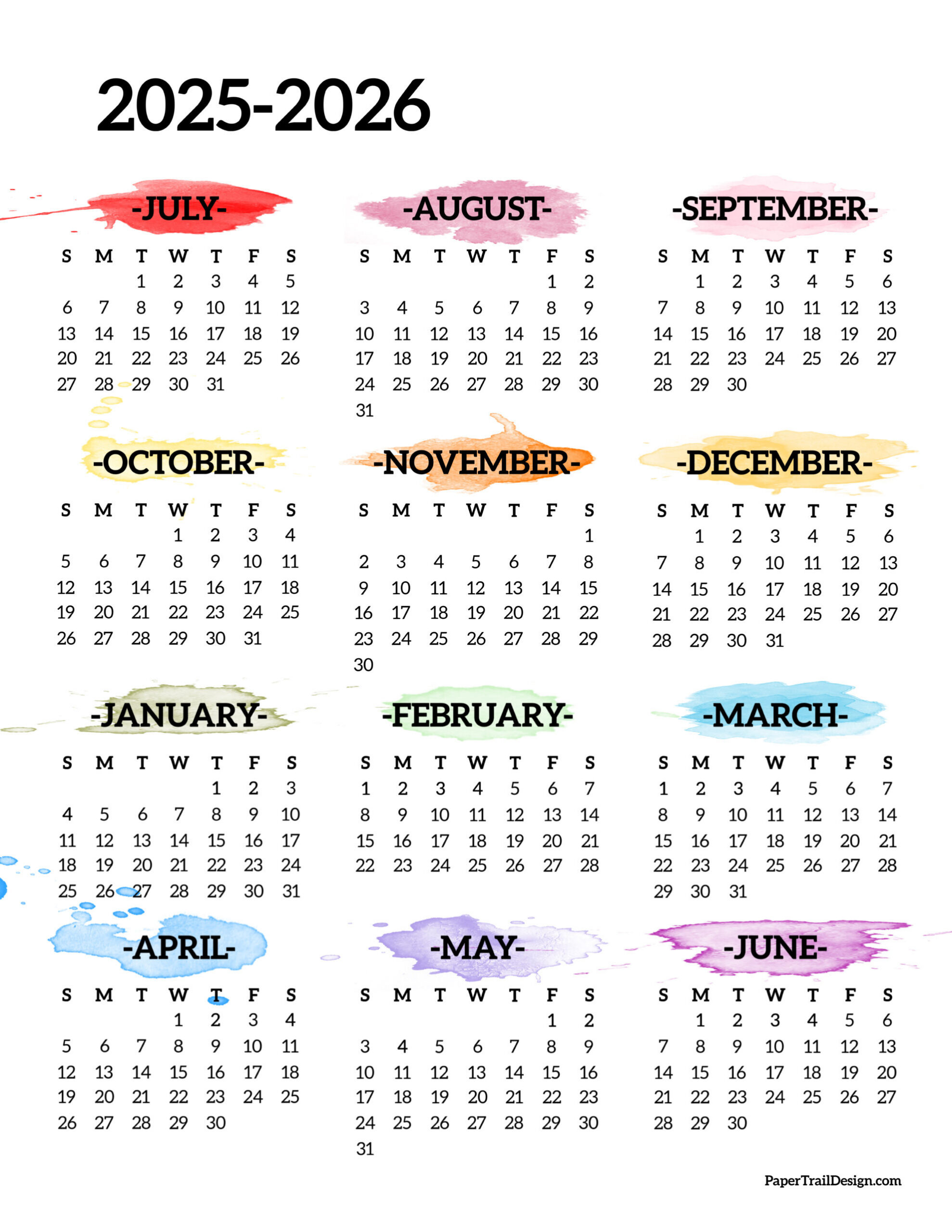 2025-2026 School Year Calendar Free Printable - Paper Trail Design within Calendar November 2025 To March 2026