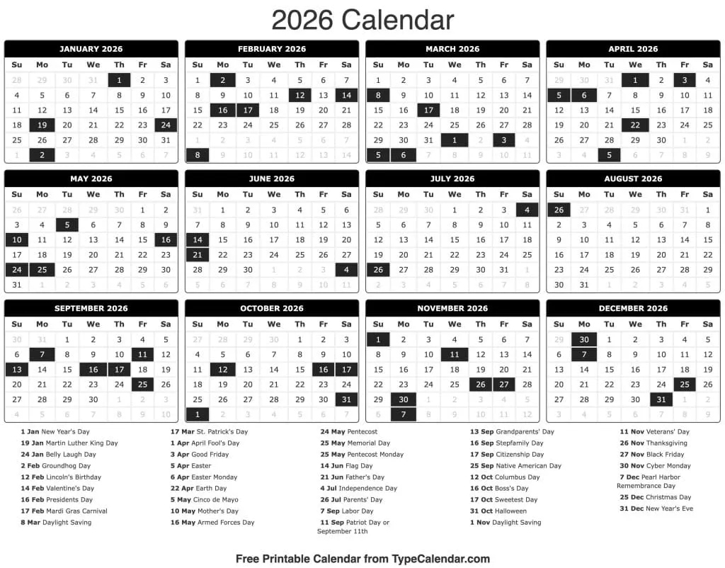 2026 Calendar - Free Printable Calendar With Holidays within March Calendar 2026 NZ