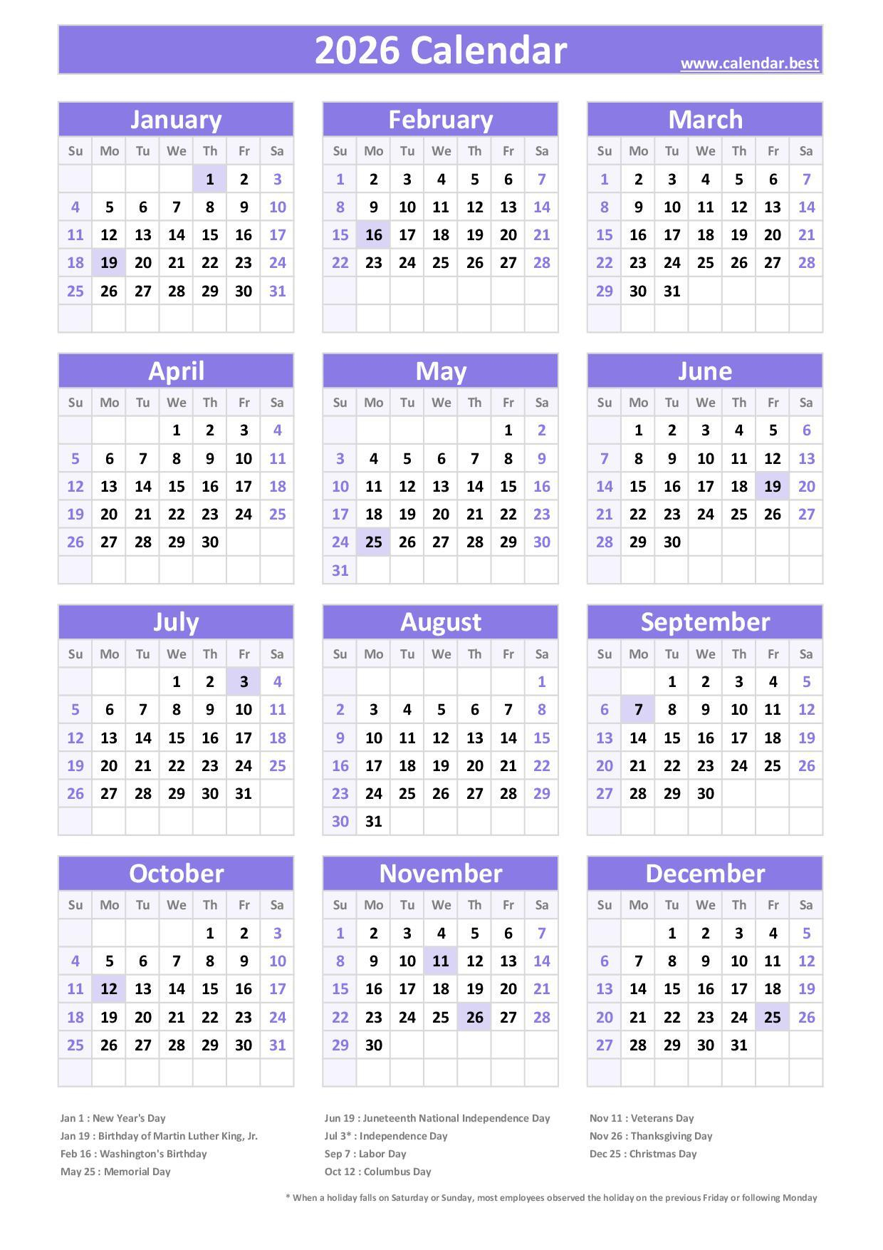 2026 Calendar With Holidays (Us Federal Holidays) for General Blue March 2026 Calendar