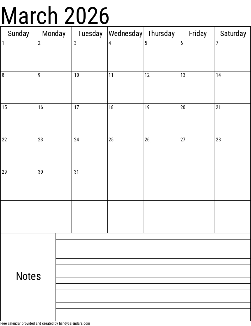 2026 March Calendars - Handy Calendars throughout March 2026 Calendar Printable With Notes