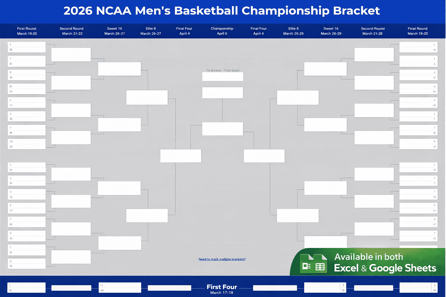 2026 March Madness Bracket (Printable Excel &amp;amp; Google Sheets) within March Madness 2026 Calendar Printable