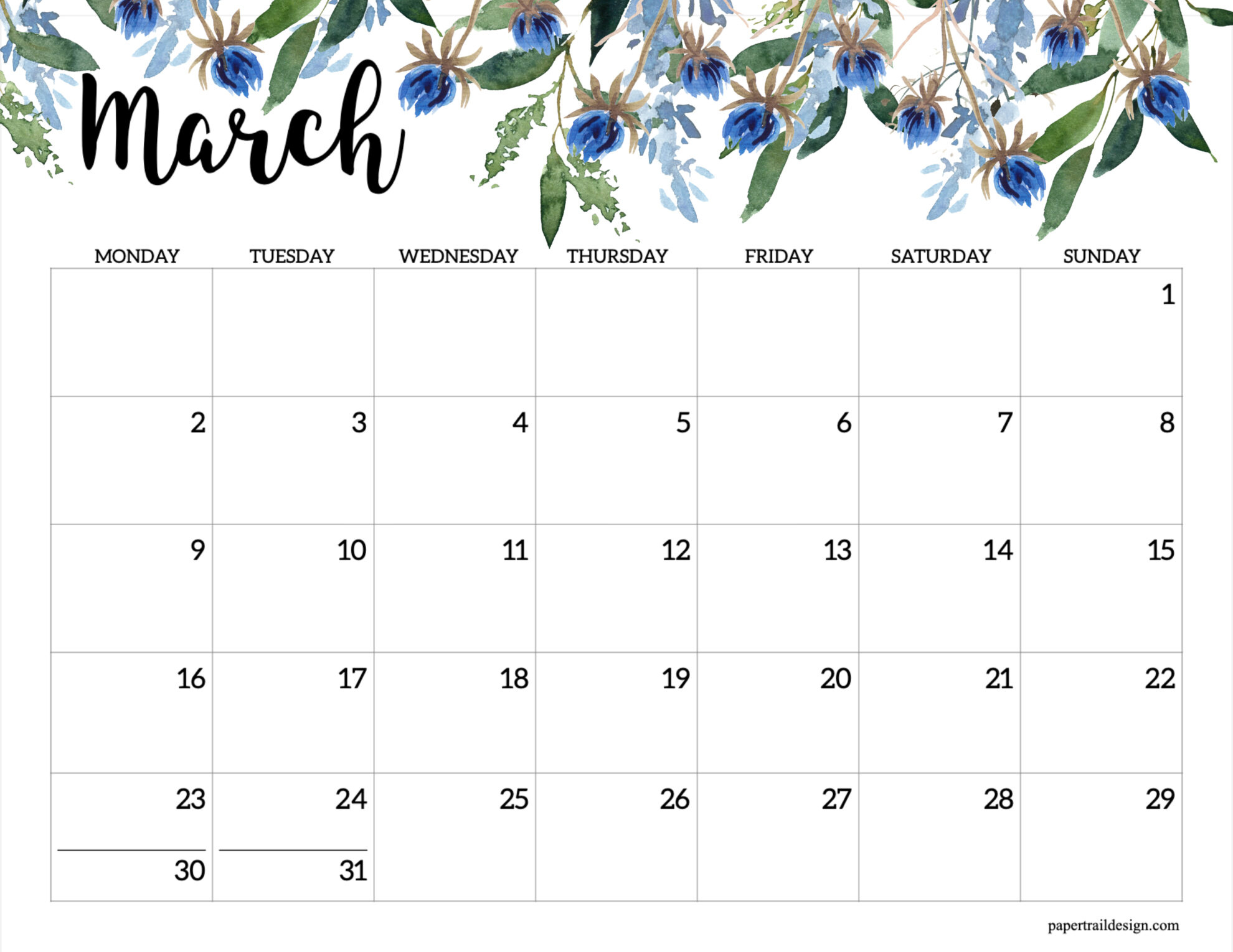 2026 Monday Start Floral Calendar - Paper Trail Design in Printable Calendar March 2026 Monday Start