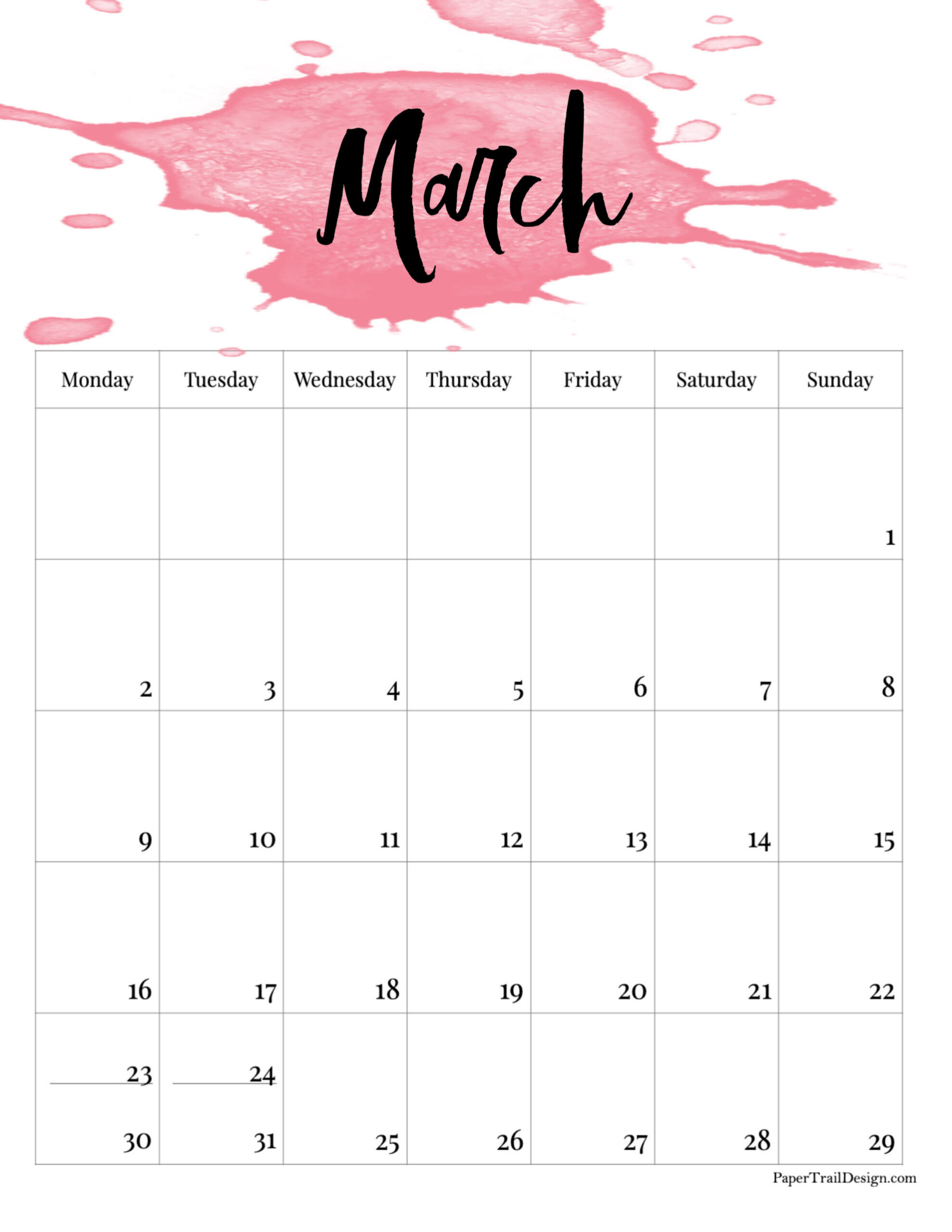 2026 Monday Start Watercolor Calendar - Paper Trail Design pertaining to March Calendar 2026 Starting Monday