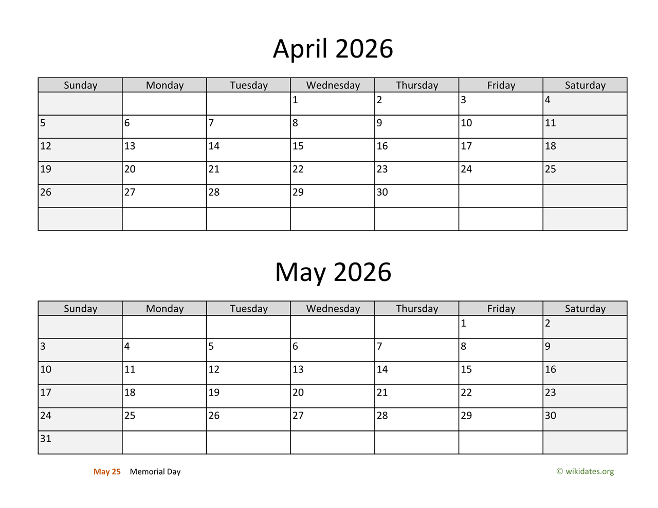 April And May 2026 Calendar | Wikidates intended for Printable Calendar March April May 2026