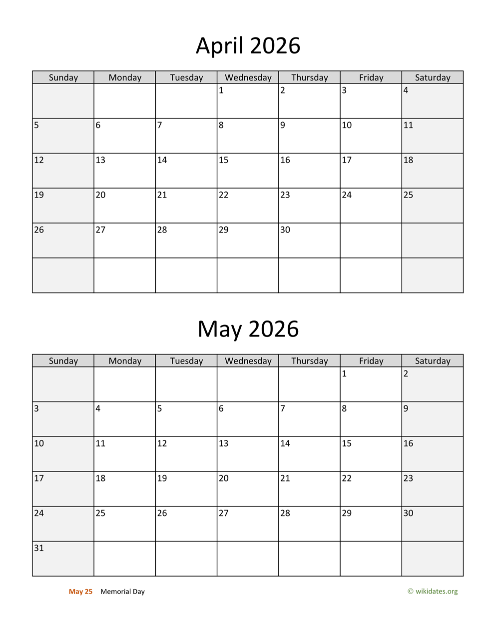 April And May 2026 Calendar | Wikidates pertaining to March April May Calendar 2026 Printable