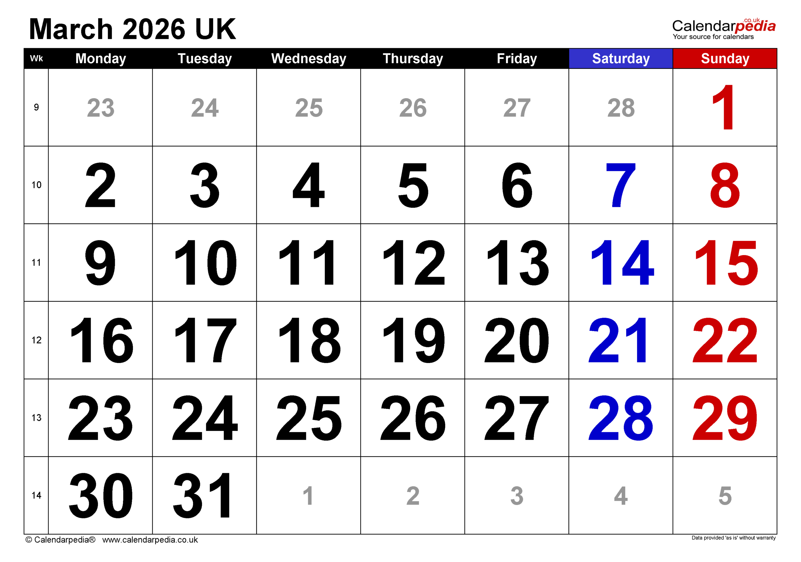 Calendar March 2026 Uk With Pdf, Excel And Word Templates in Calendar of 2026 March
