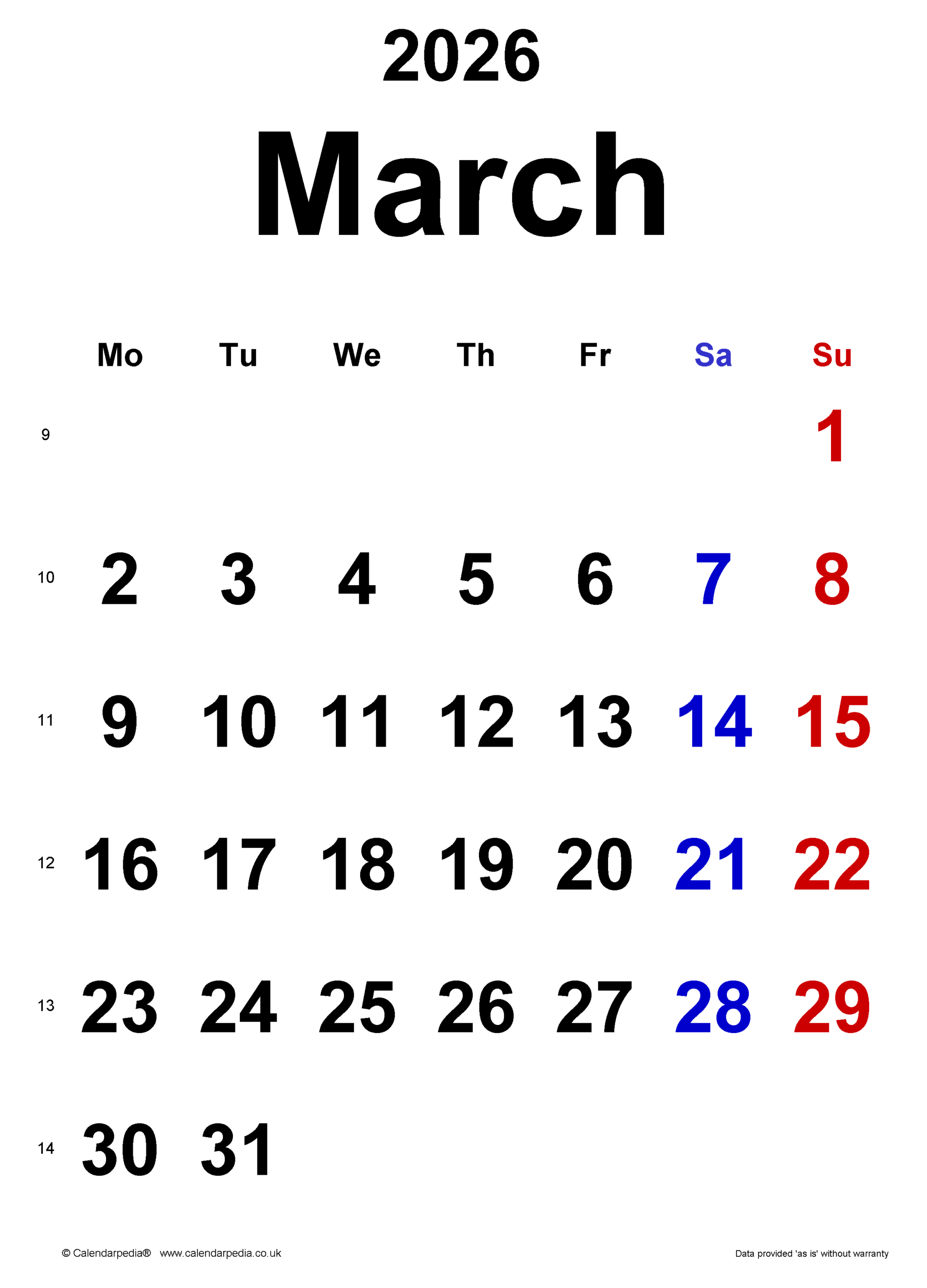Calendar March 2026 Uk With Pdf, Excel And Word Templates with March Calendar 2026 Portrait