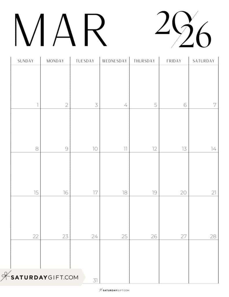 Chic Calendar 2026 - Stylish Black And White Pdfs throughout March Calendar 2026 Portrait