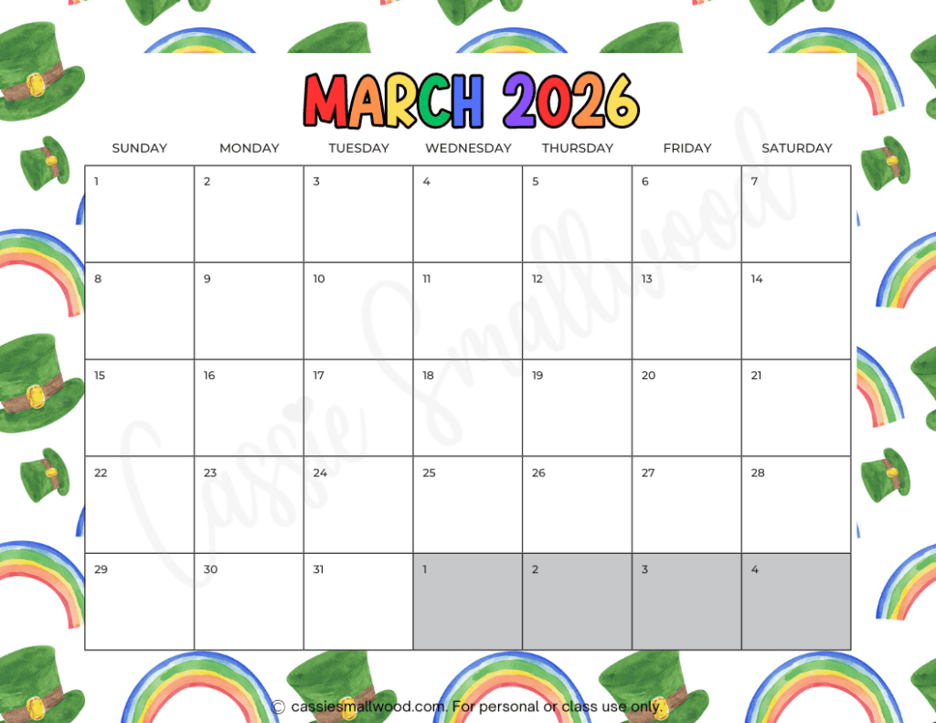 Cute Free Printable 2026 Monthly Calendar (Blank &amp;amp; With Holidays for March 2026 Calendar Free Printable