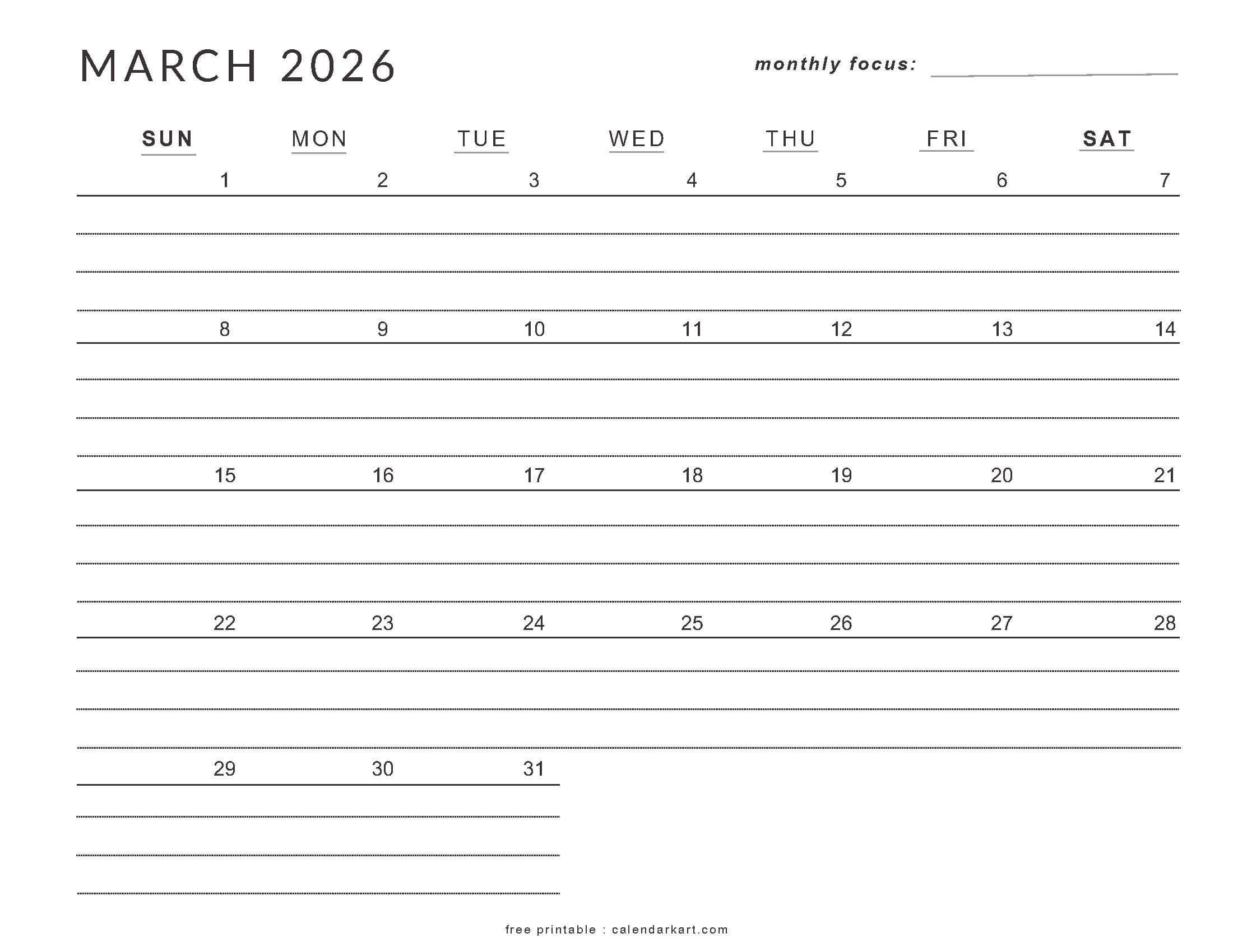 Download Free Printable March 2026 Calendar | Calendarkart in General Blue March 2026 Calendar