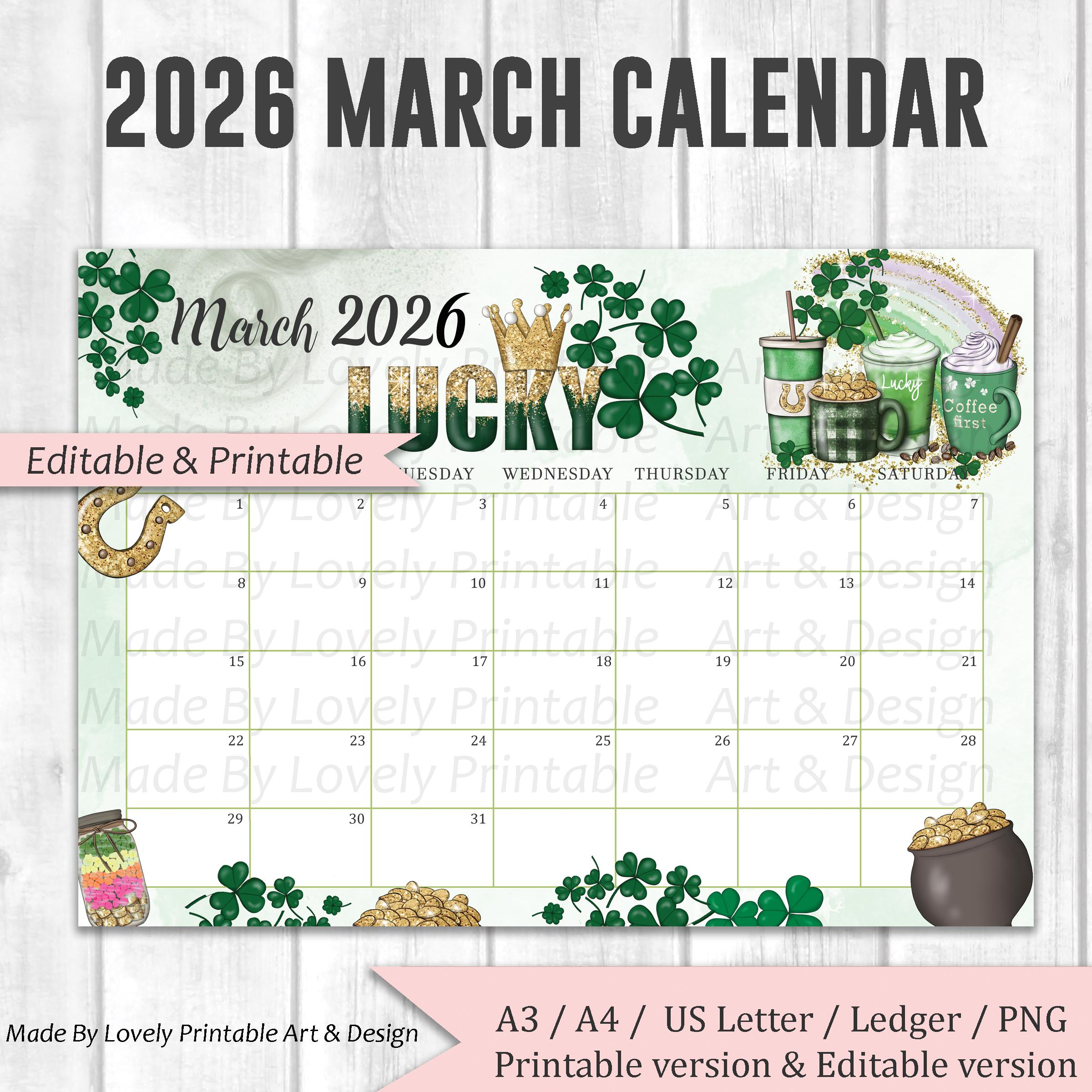 Editable March 2026 Calendar, Happy St. Patrick&amp;#039;S Day Planner throughout March Calendar 2026 Nz