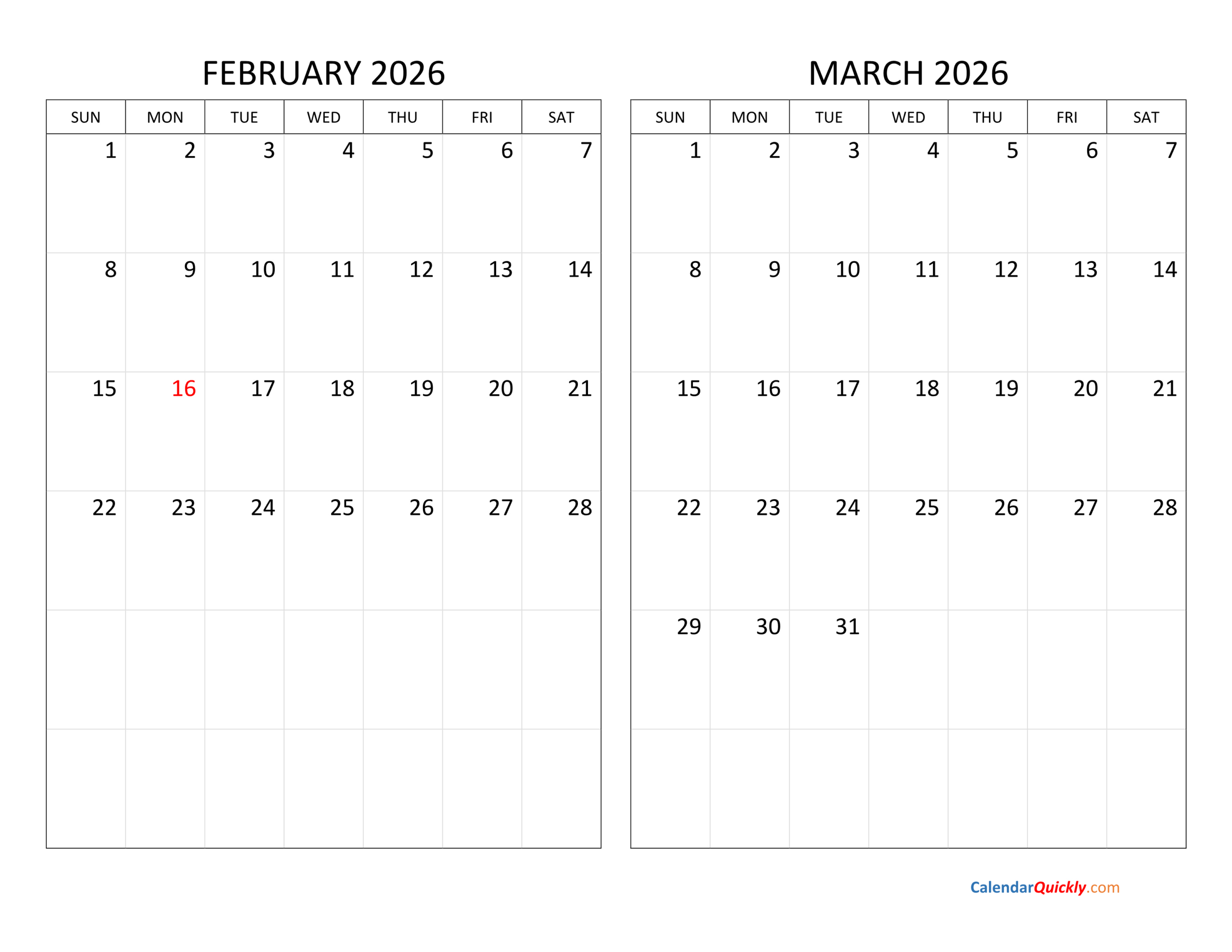 February And March 2026 Calendar | Calendar Quickly within Calendar Feb March 2026
