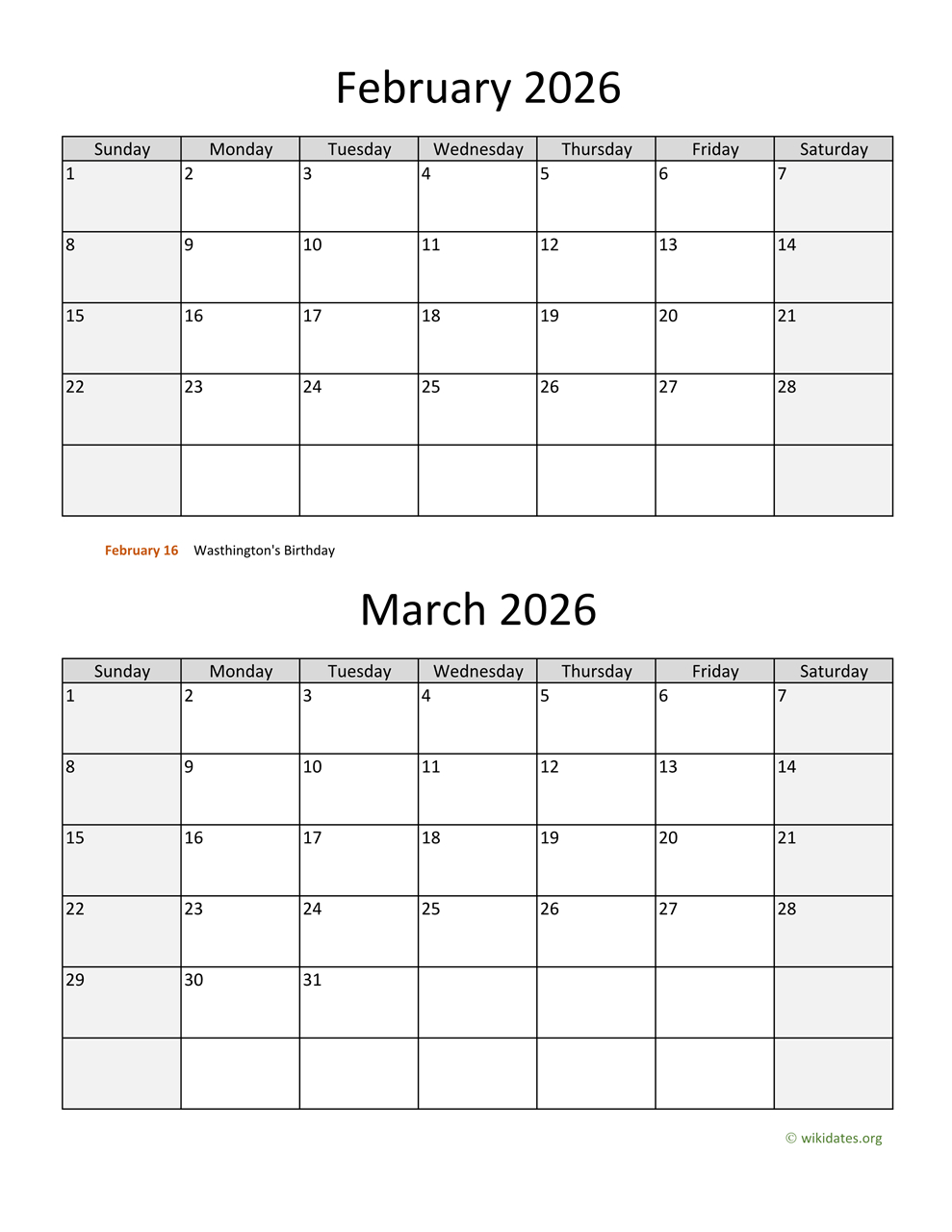 February And March 2026 Calendar | Wikidates in February and March Printable Calendar 2026