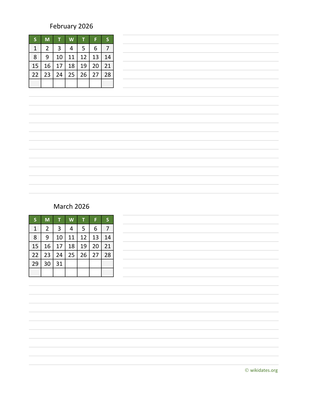 February And March 2026 Calendar | Wikidates intended for February and March Printable Calendar 2026