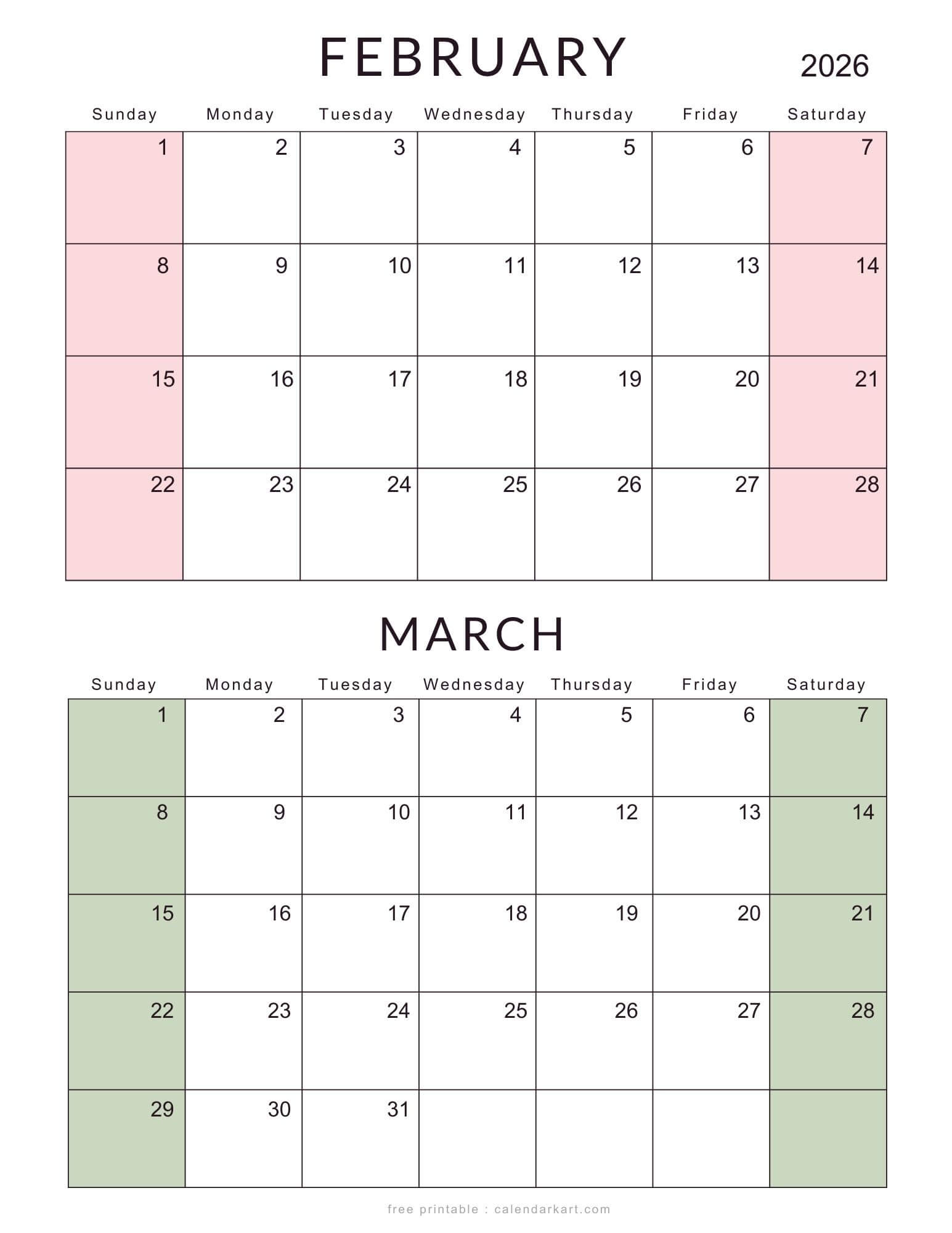 February March 2026 Calendars - Free Printable Pdfs - Calendarkart pertaining to February March Calendar 2026